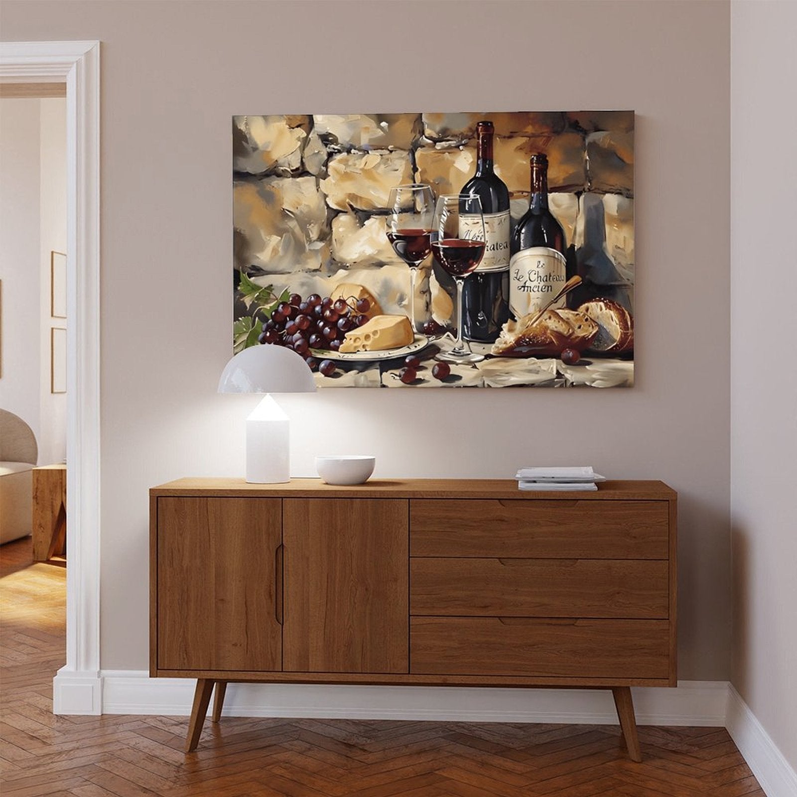 wine bottles, glasses, grapes, cheese, and bread in painterly still life style — Wrapped Canvas SCENE_04