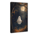 sheet ghost sitting on a swing beneath a full moon in navy blue, orange, white tones — Wrapped Canvas HERO