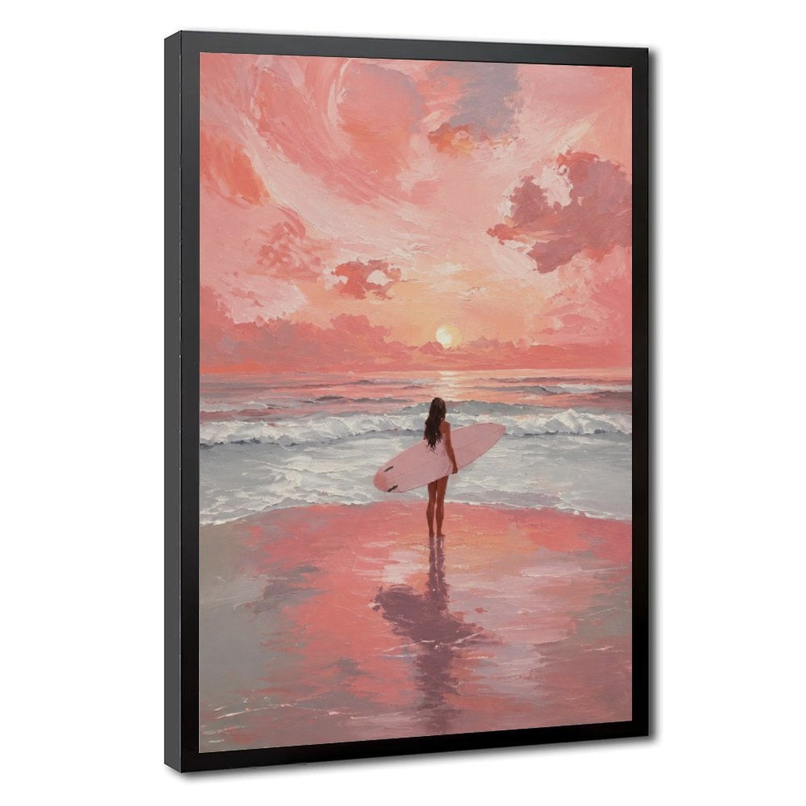 surfer carrying a pink surfboard at the shoreline in coral pink, peach, sky blue tones — Black Frame HERO