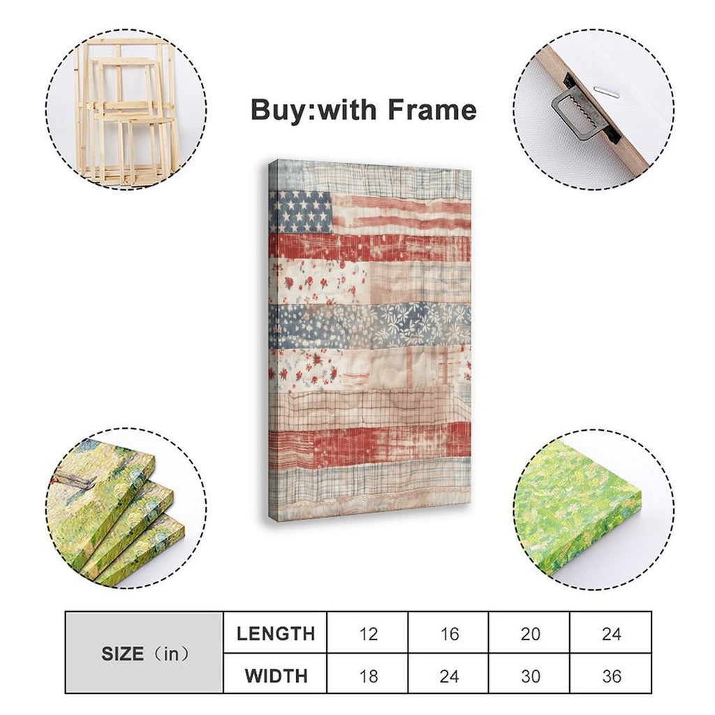 patchwork American flag in folk art style — Wrapped Canvas SIZE_GUIDE