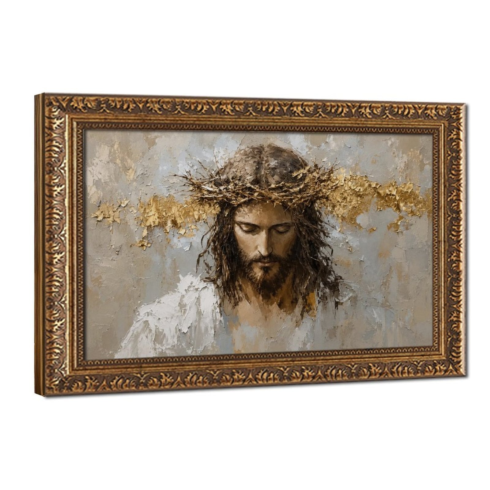 sorrowful sacred figure wearing a crown of thorns in white, taupe, charcoal tones — Vintage Gold Frame HERO