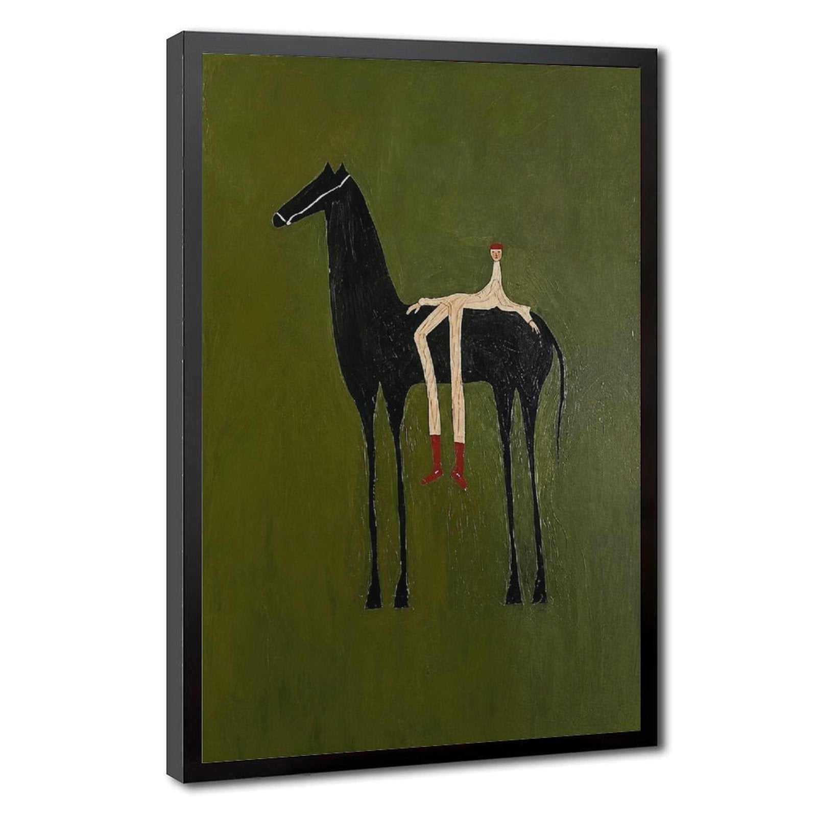 Stylized black horse with an elongated seated rider on an olive green background — Black Frame HERO