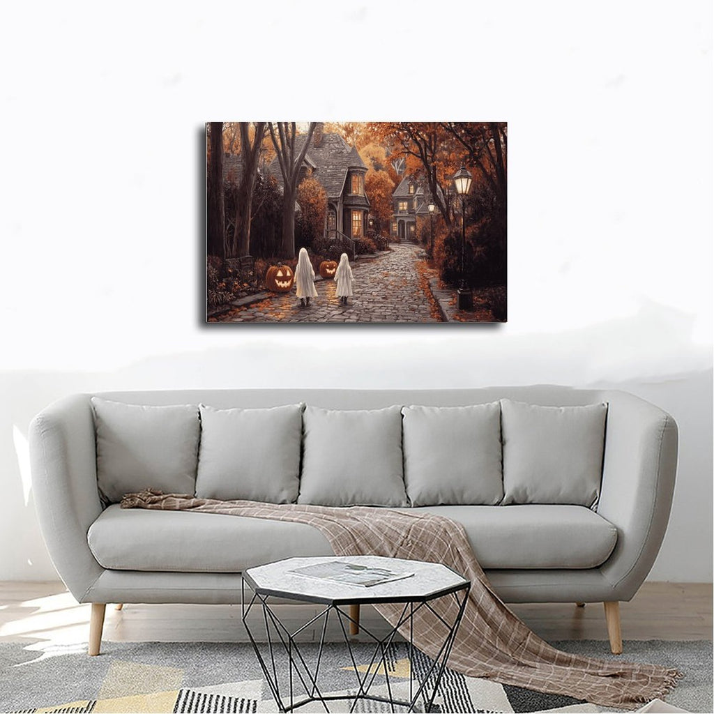 two sheet ghosts in an autumn village in whimsical halloween illustration style — Wrapped Canvas SCENE_02