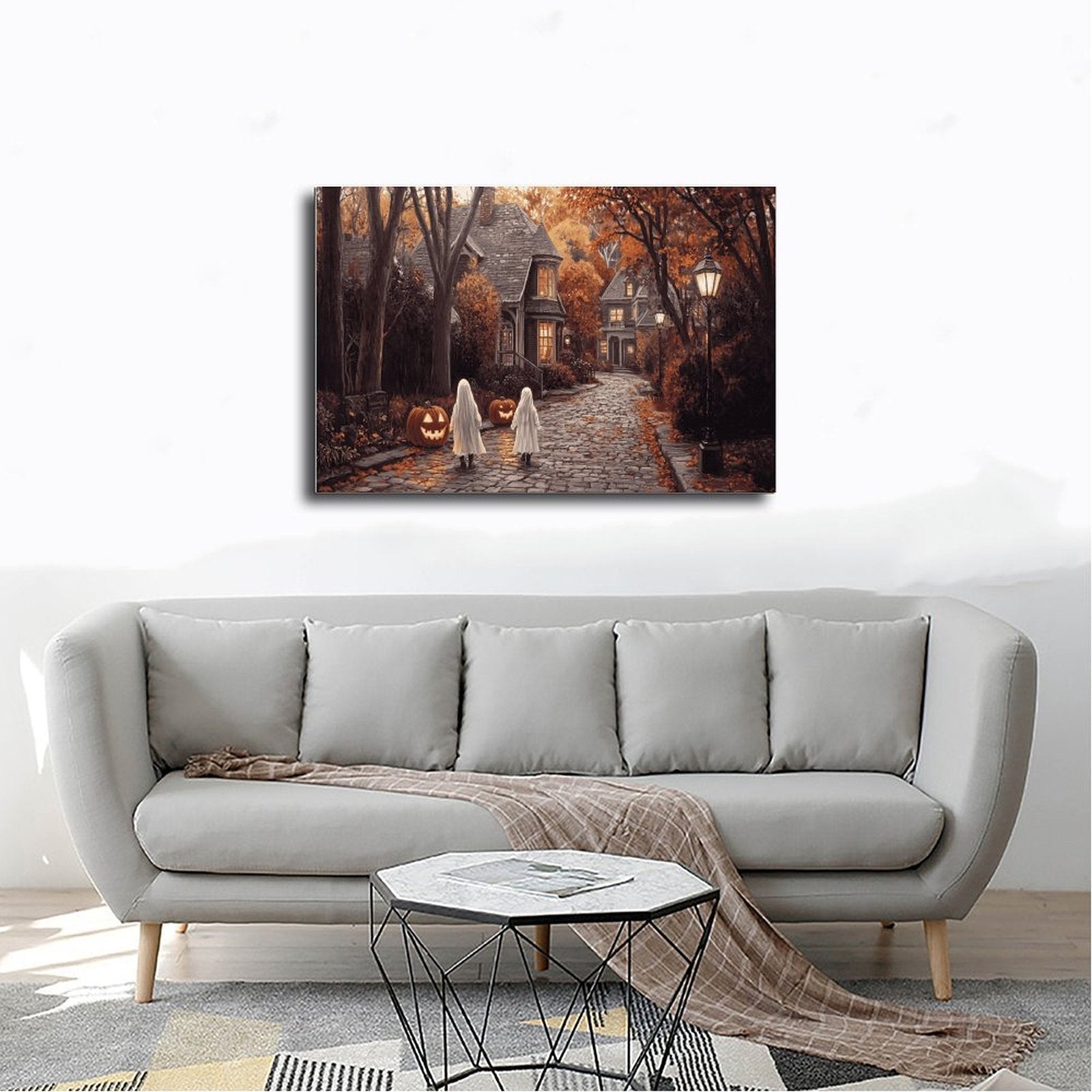 two sheet ghosts in an autumn village in whimsical halloween illustration style — Wrapped Canvas SCENE_02