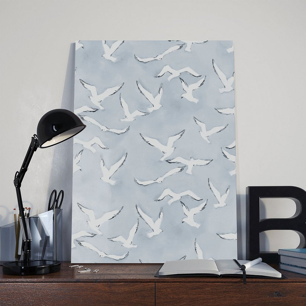 flock of white birds in flight in minimalist animal art style — Wrapped Canvas SCENE_06