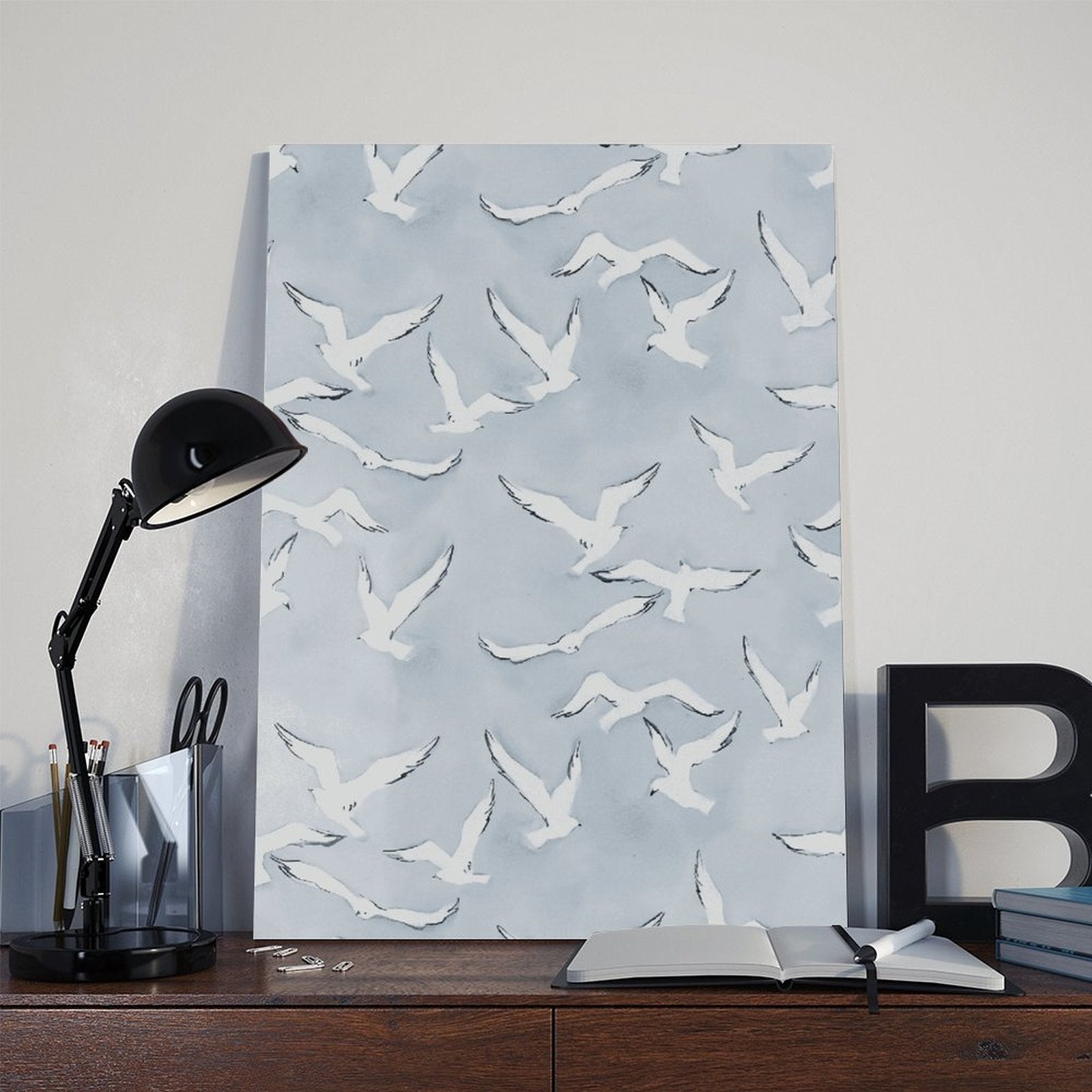 flock of white birds in flight in minimalist animal art style — Wrapped Canvas SCENE_06