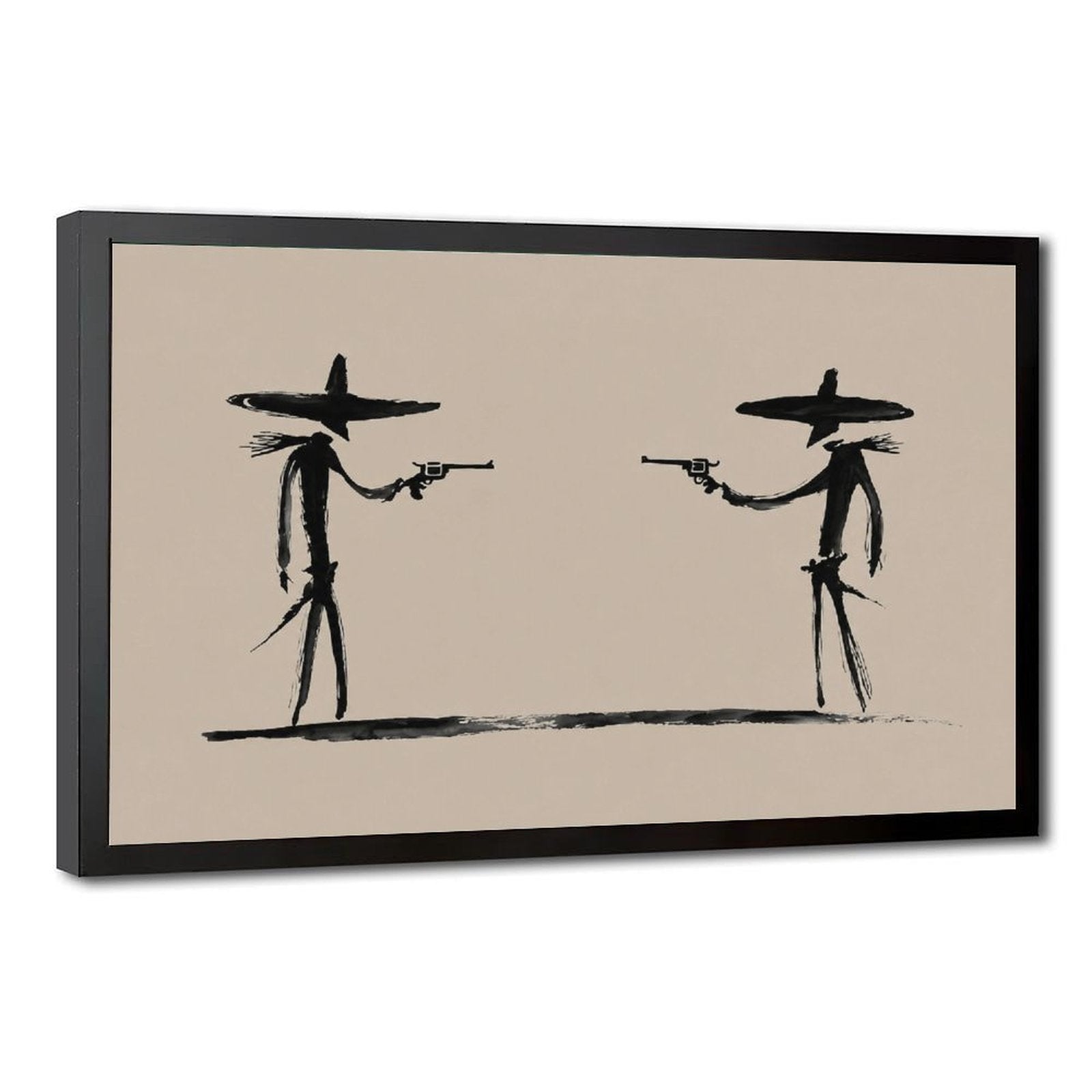 two stylized cowboys facing each other with revolvers in black, warm cream tones — Black Frame HERO