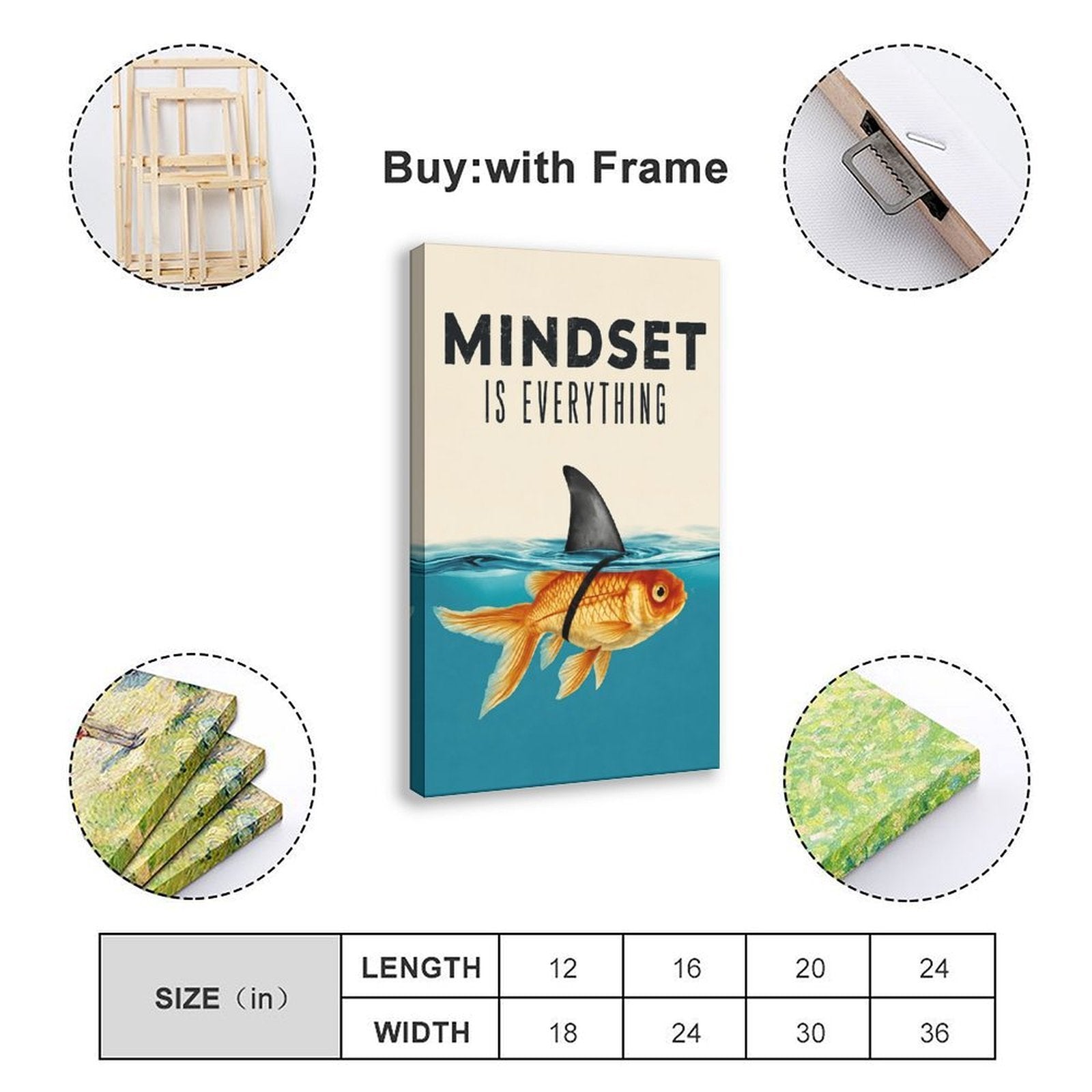goldfish wearing a shark-fin disguise beneath motivational typography in teal blue, gold orange, cream tones — Wrapped Canvas SIZE_GUIDE