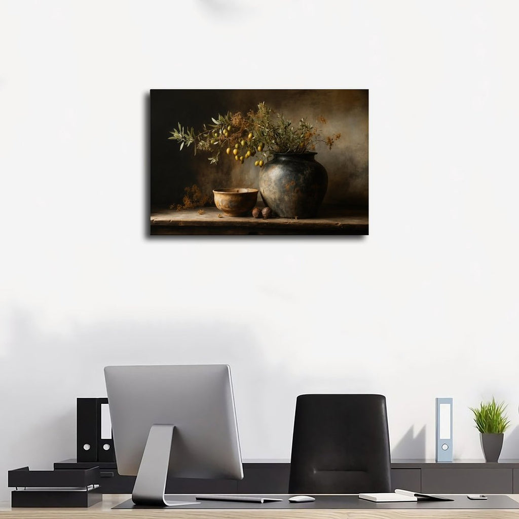 dark ceramic vessel with olive branches and fruit in charcoal, olive green, deep brown tones — Wrapped Canvas SCENE_01