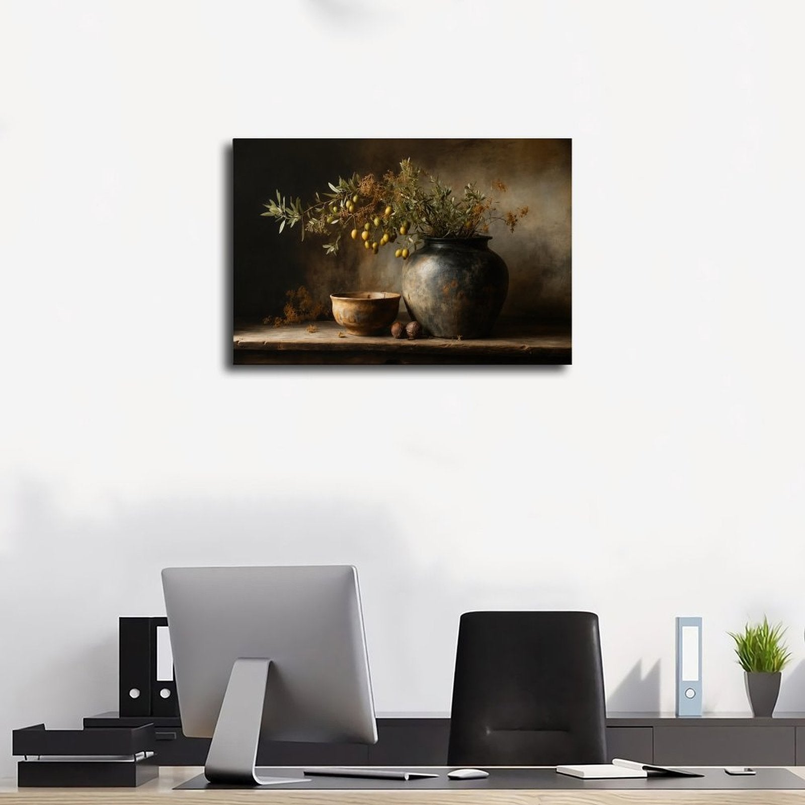 dark ceramic vessel with olive branches and fruit in charcoal, olive green, deep brown tones — Wrapped Canvas SCENE_01