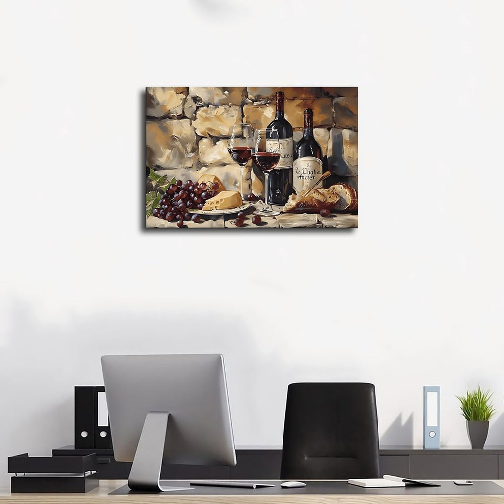 wine bottles, glasses, grapes, cheese, and bread in painterly still life style — Wrapped Canvas SCENE_01