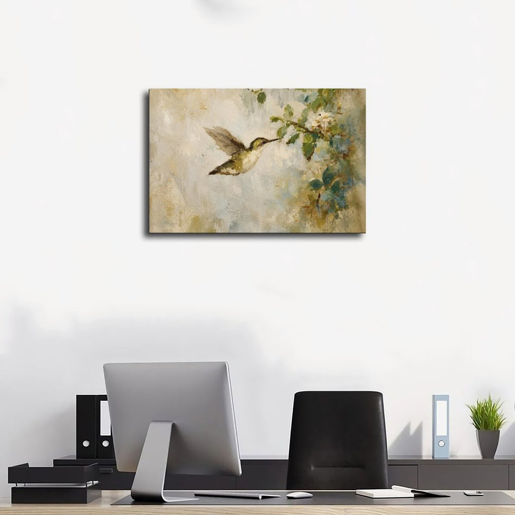 hummingbird hovering beside pale blossoms in cream, sage green, soft blue tones — Wrapped Canvas SCENE_01