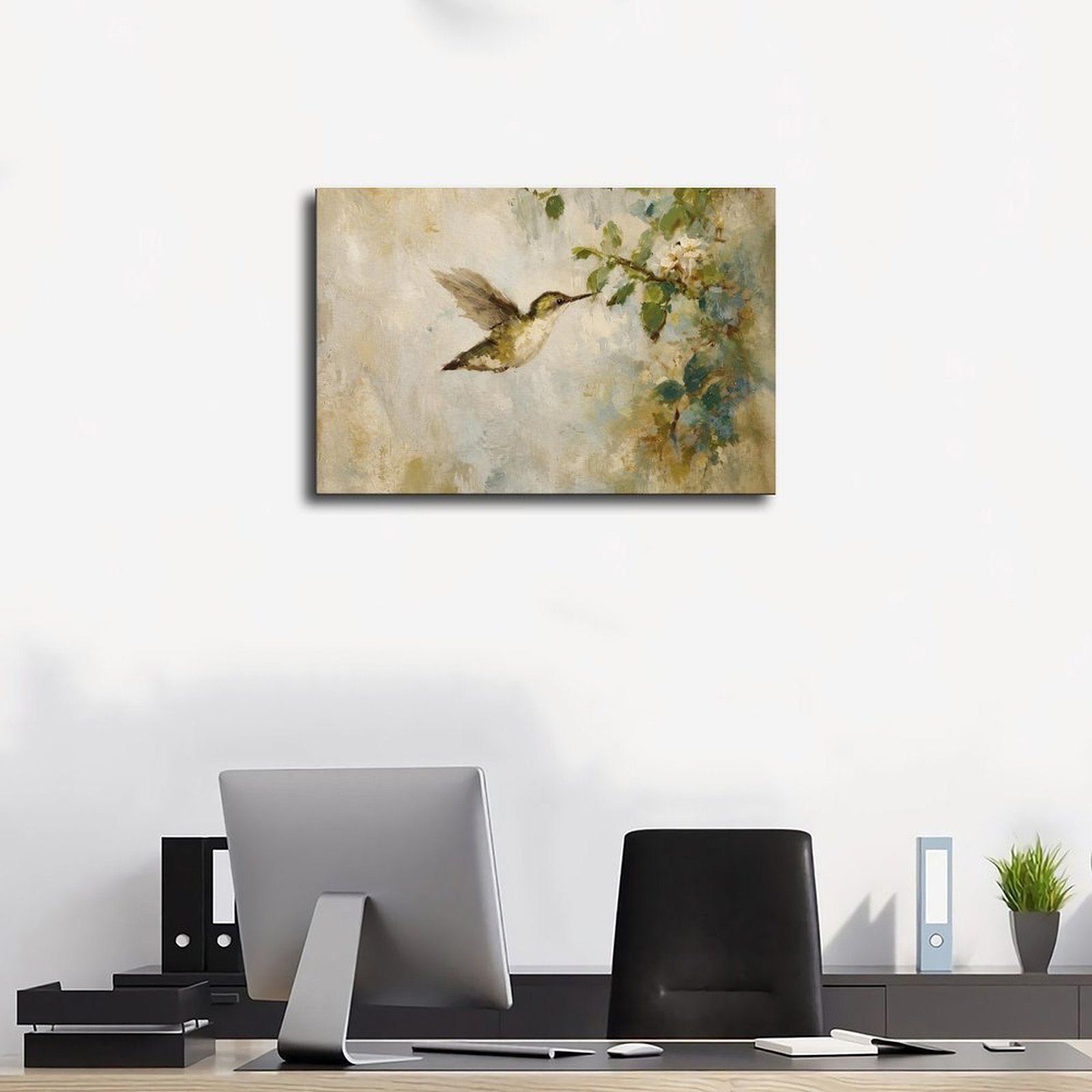 hummingbird hovering beside pale blossoms in cream, sage green, soft blue tones — Wrapped Canvas SCENE_01