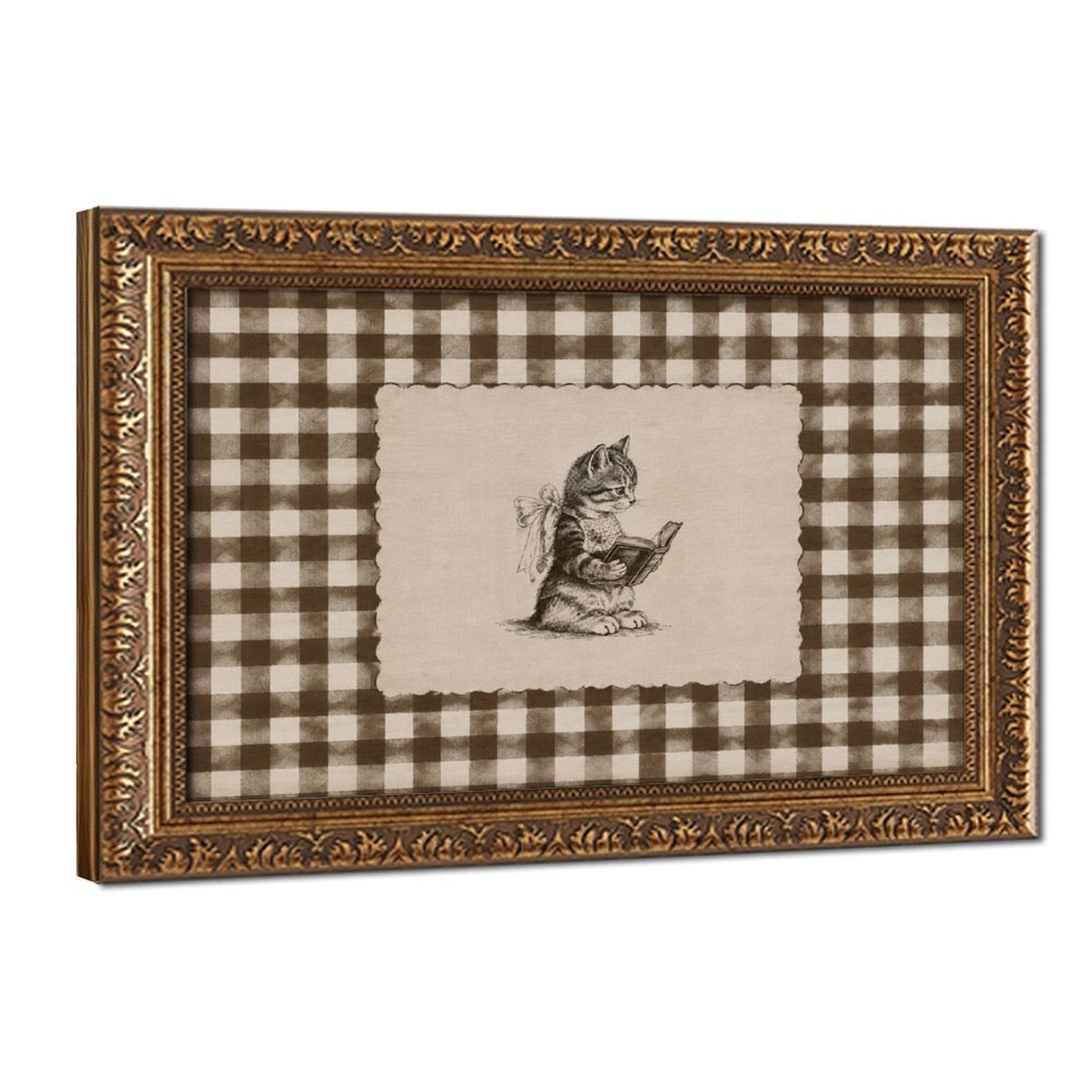 small rabbit reading a book in brown, cream, black tones — Vintage Gold Frame HERO