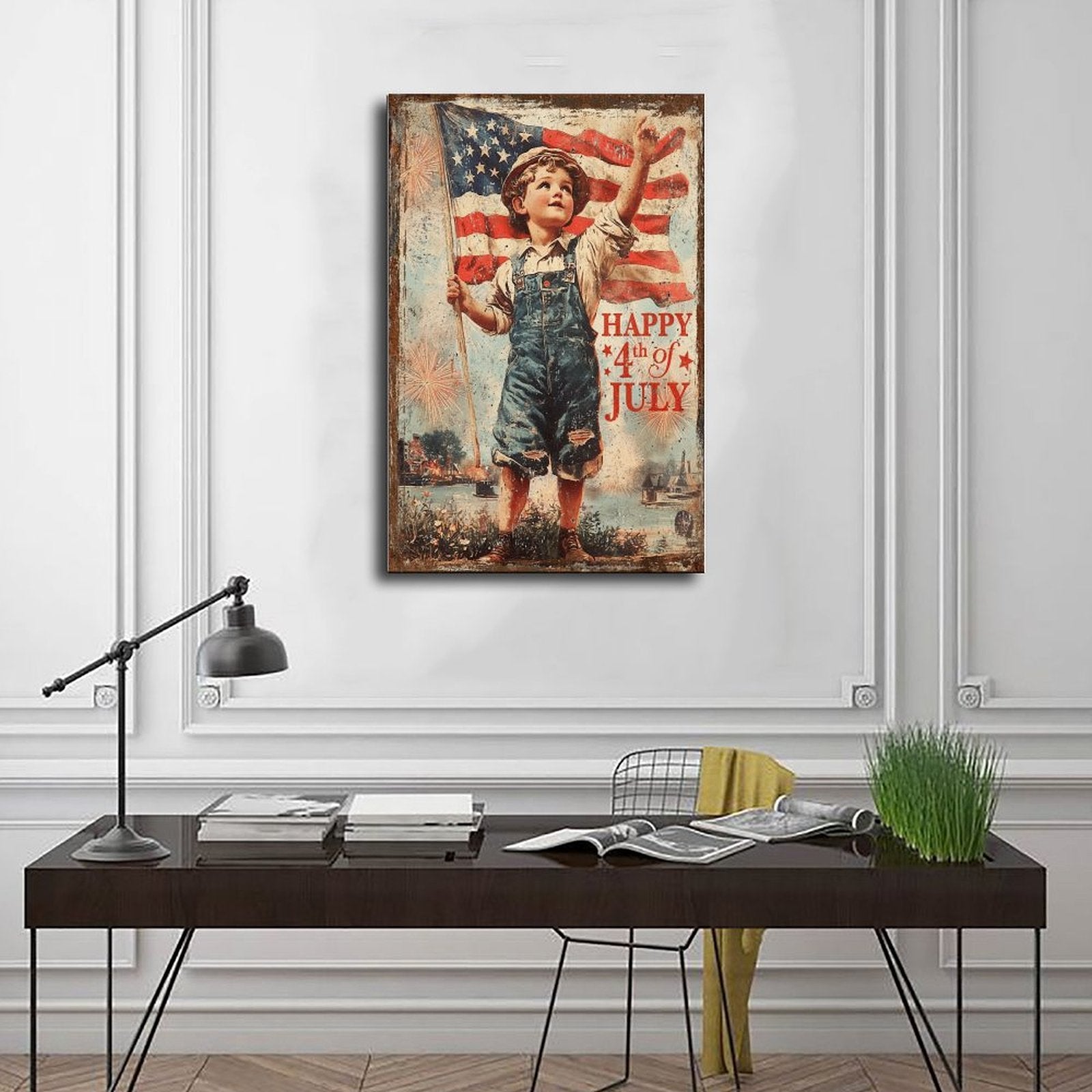 vintage patriotic boy holding an American flag in vintage illustration style — Wrapped Canvas SCENE_01