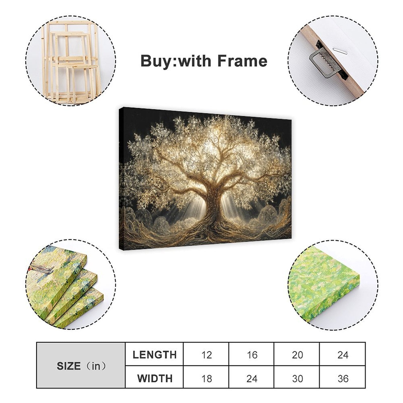 luminous golden tree with sprawling roots and branches in gold, black, warm white tones — Wrapped Canvas SIZE_GUIDE