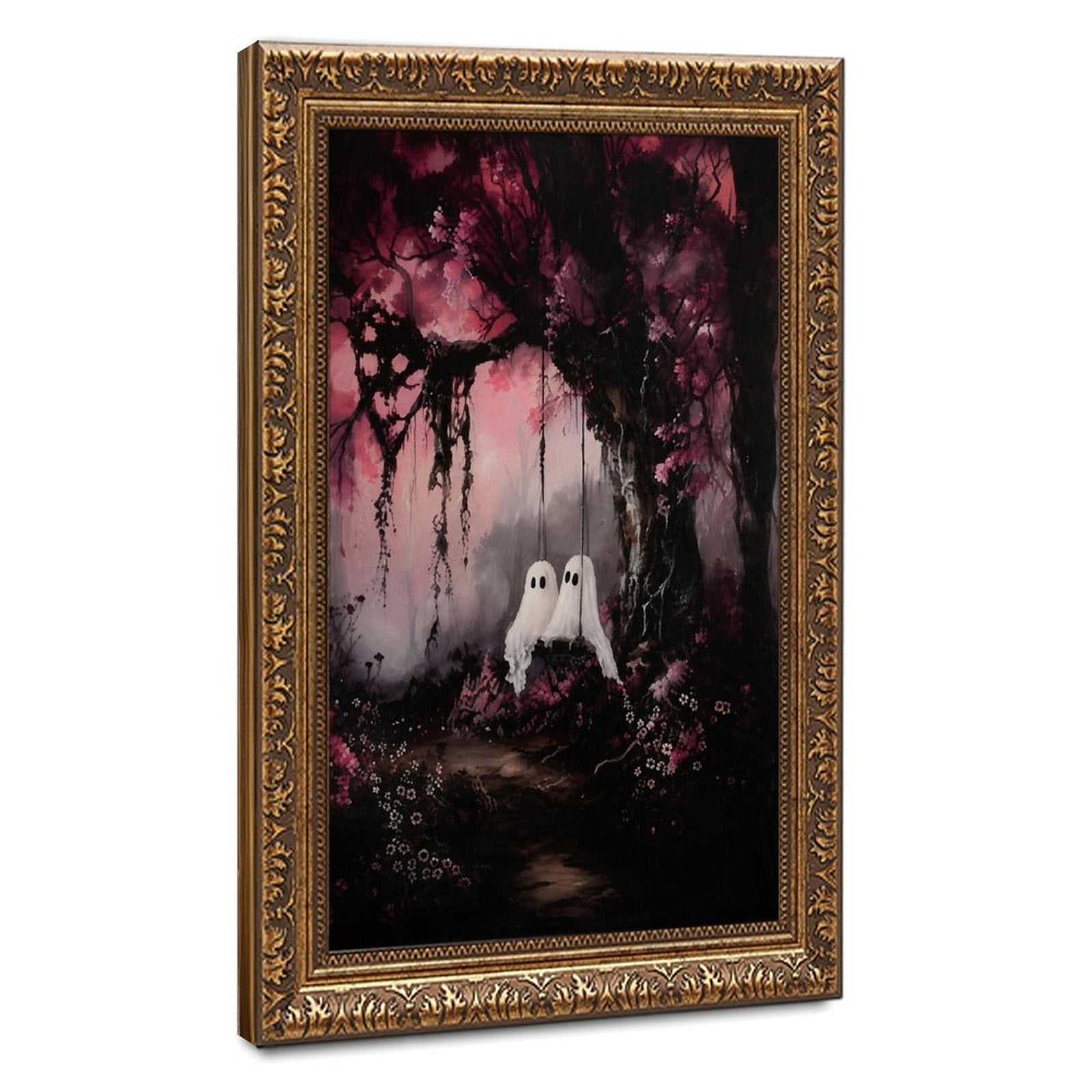 two small sheet ghosts in an enchanted pink forest in magenta, black, soft pink tones — Vintage Gold Frame HERO