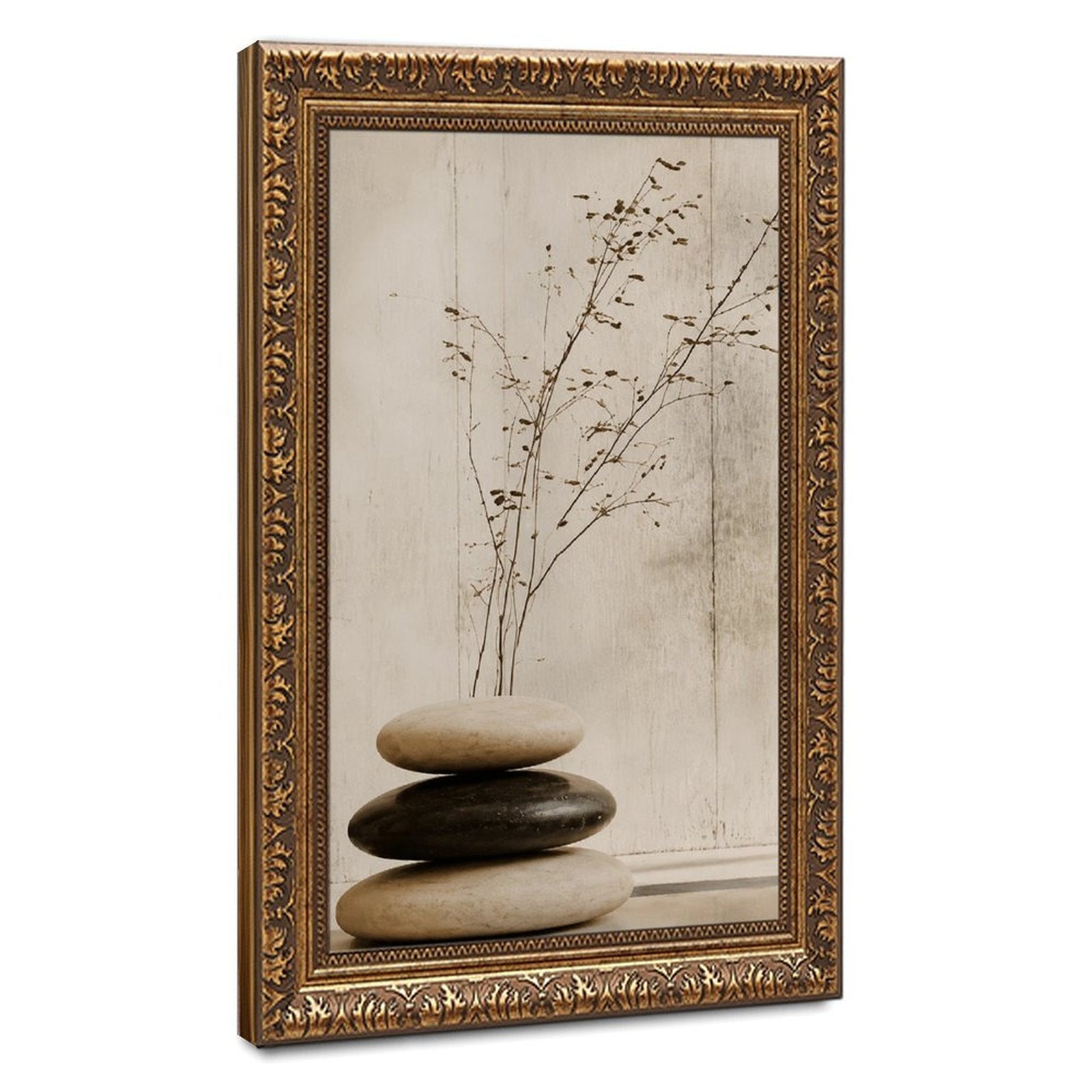 stacked smooth stones with a sparse dried branch in cream, taupe, charcoal tones — Vintage Gold Frame HERO