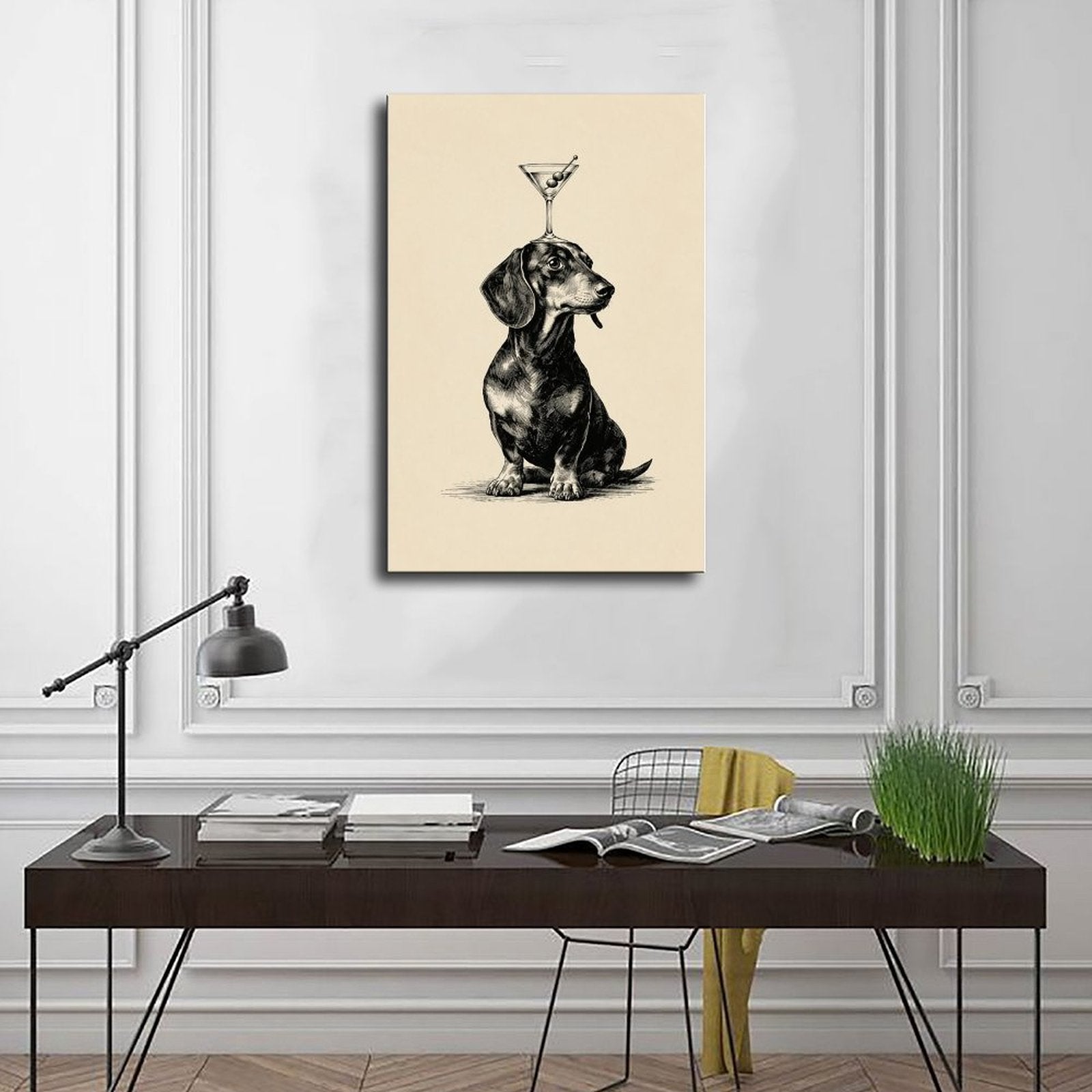dachshund balancing a cocktail glass on its head in black, warm cream tones — Wrapped Canvas SCENE_01