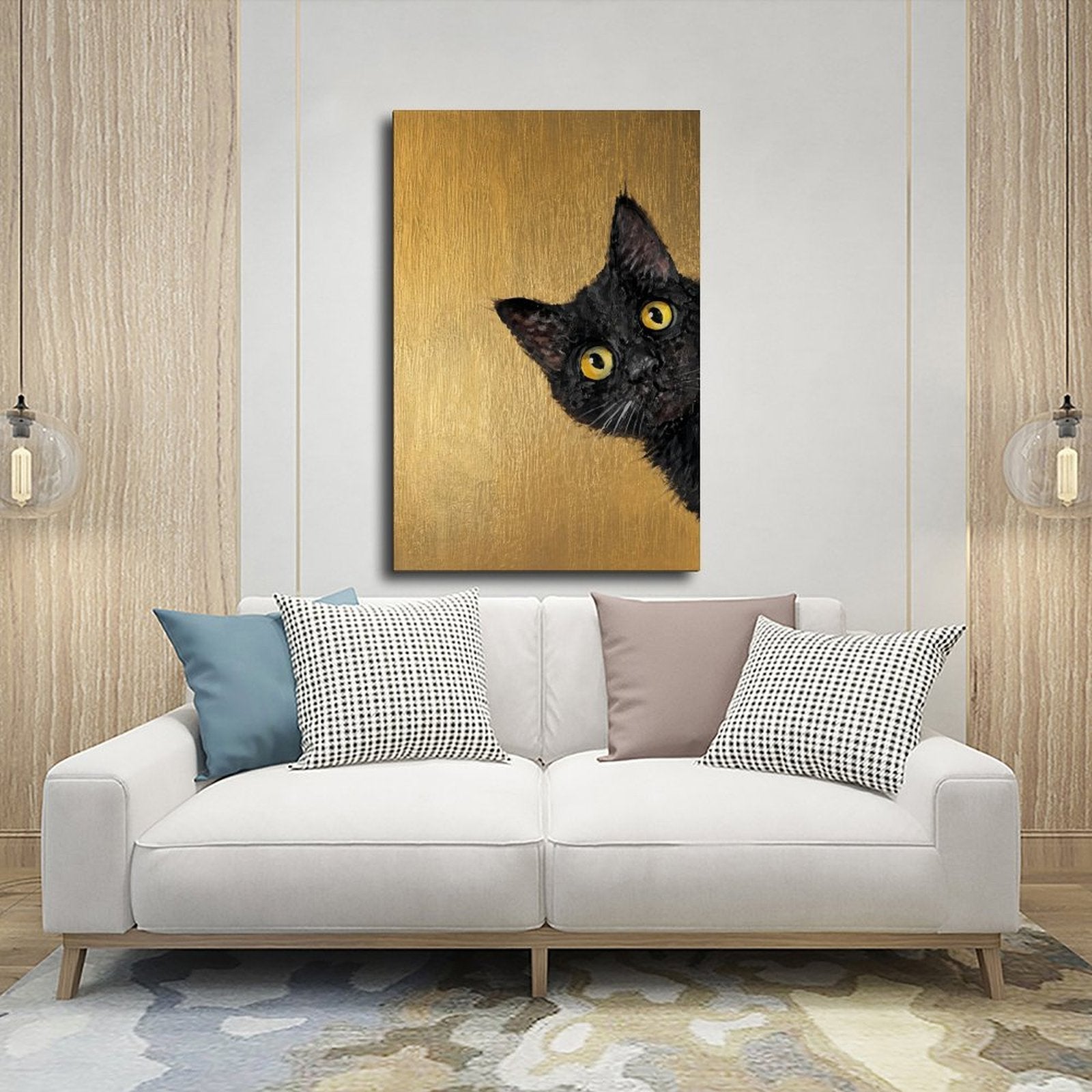 black cat peeking into the composition in black, mustard gold tones — Wrapped Canvas SCENE_03