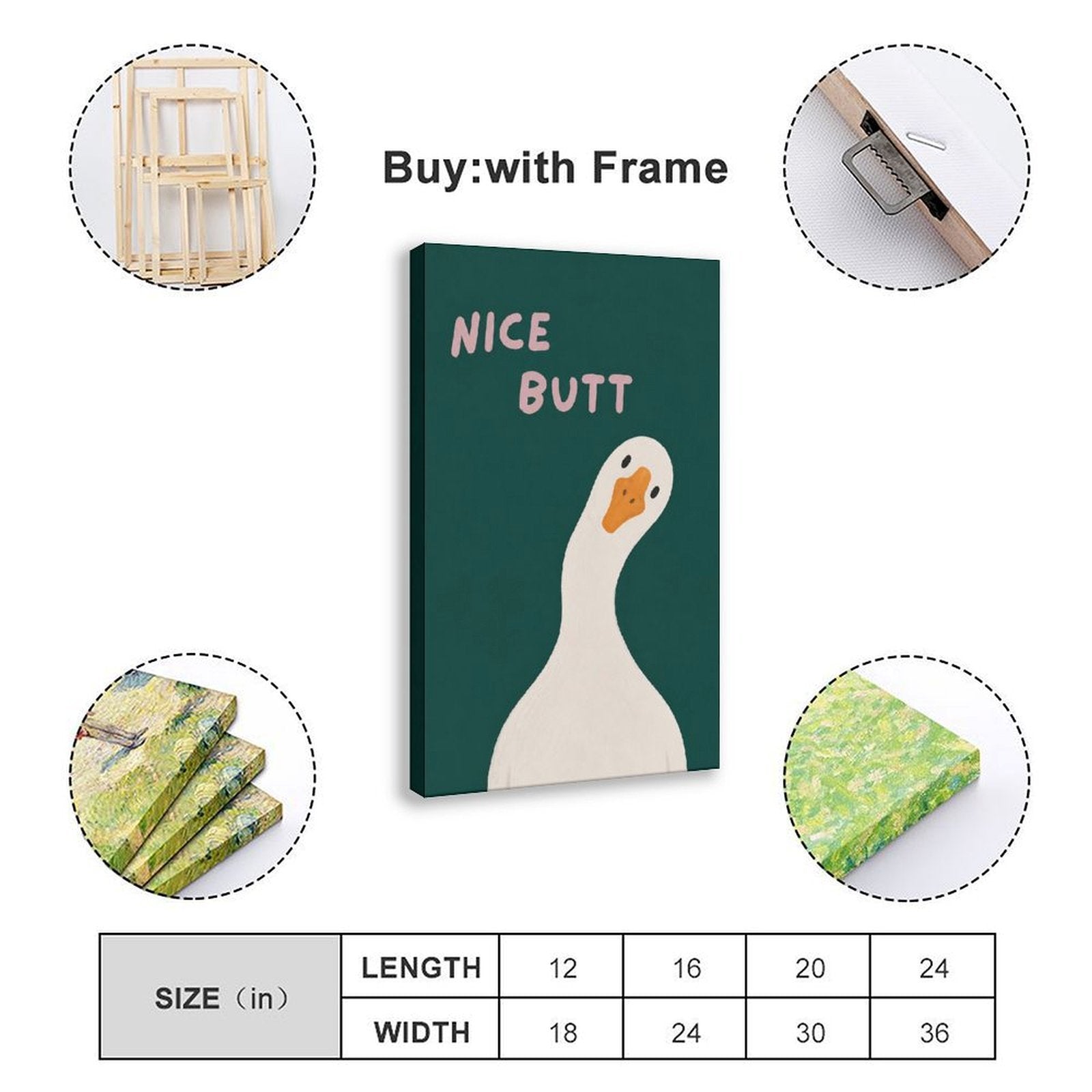 white goose beneath cheeky typography in deep teal, white, pink tones — Wrapped Canvas SIZE_GUIDE