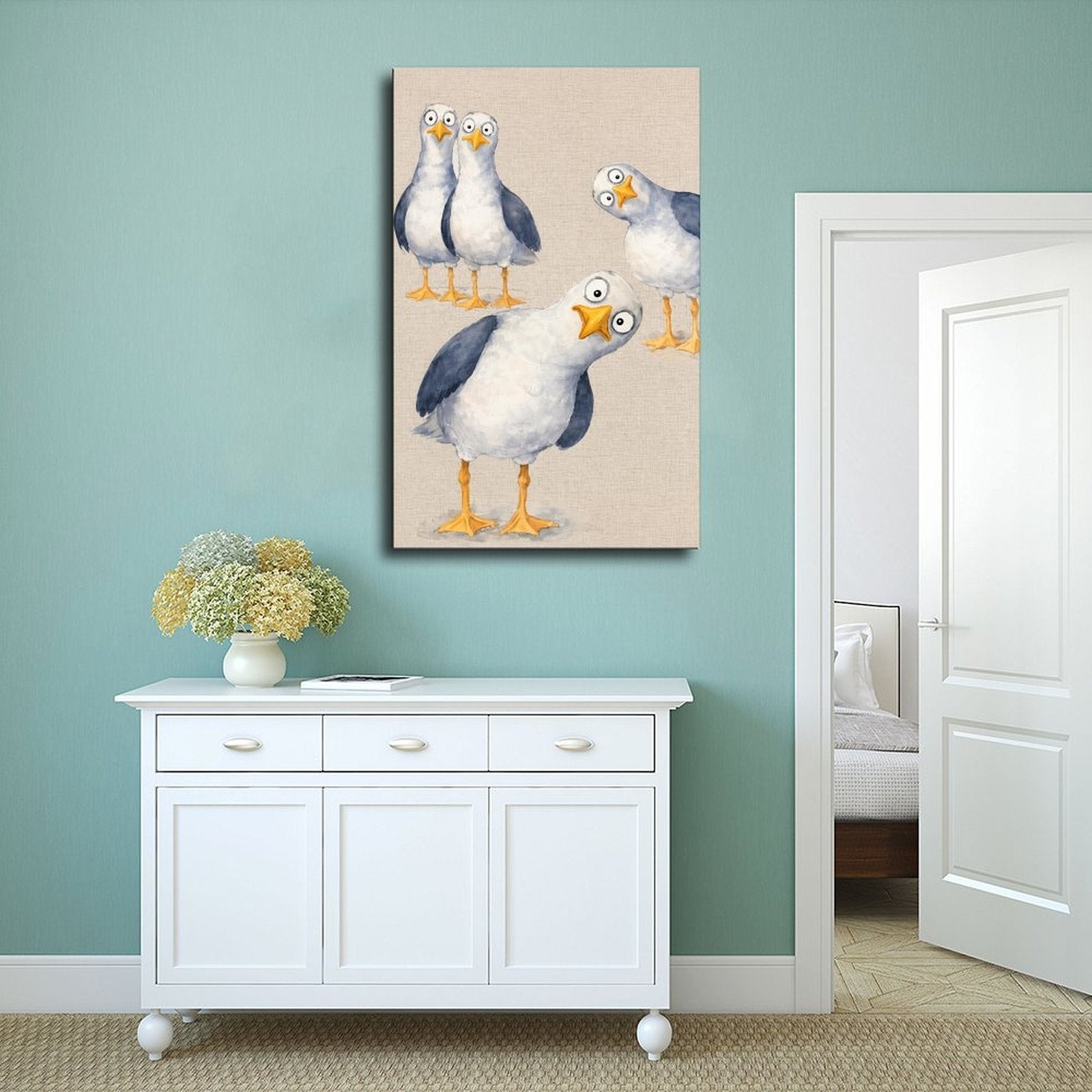 group of quirky seagulls with expressive poses in white, slate blue, yellow tones — Wrapped Canvas SCENE_02