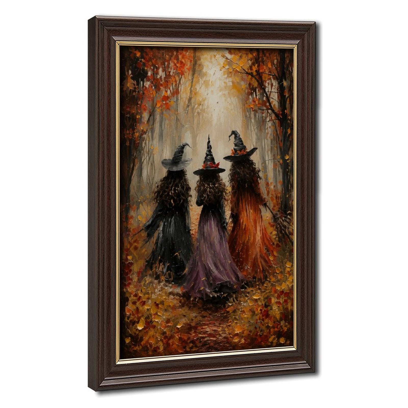 three witches walking through an autumn forest in orange, black, purple tones — Wood Grain Gold Frame HERO