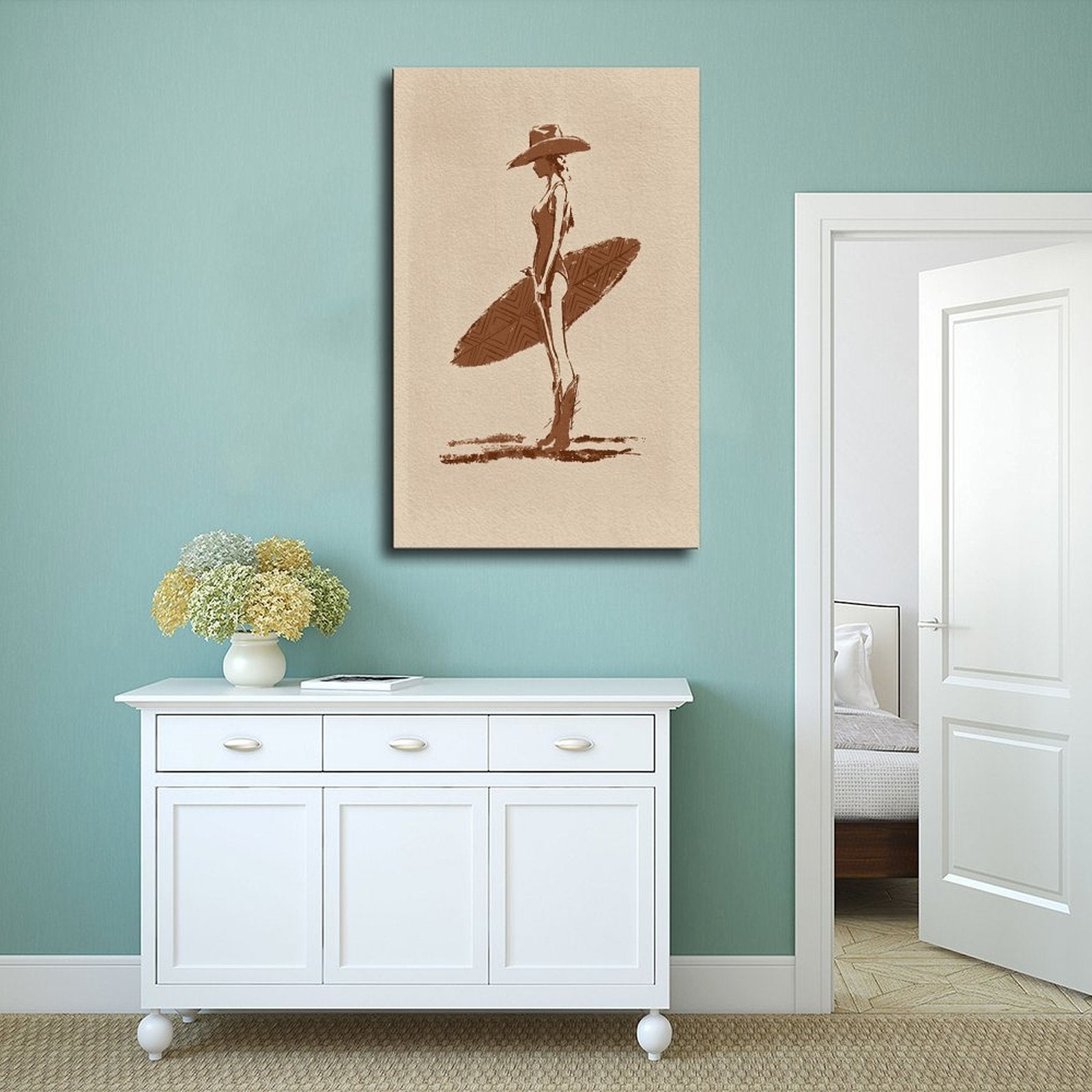 stylized seated woman with oversized botanical leaves in minimalist figurative art style — Wrapped Canvas SCENE_02