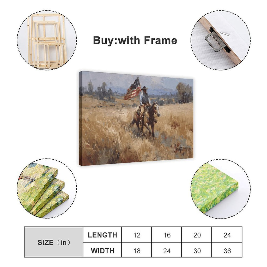 cowboy rider on horseback carrying an American flag in western landscape art style — Wrapped Canvas SIZE_GUIDE