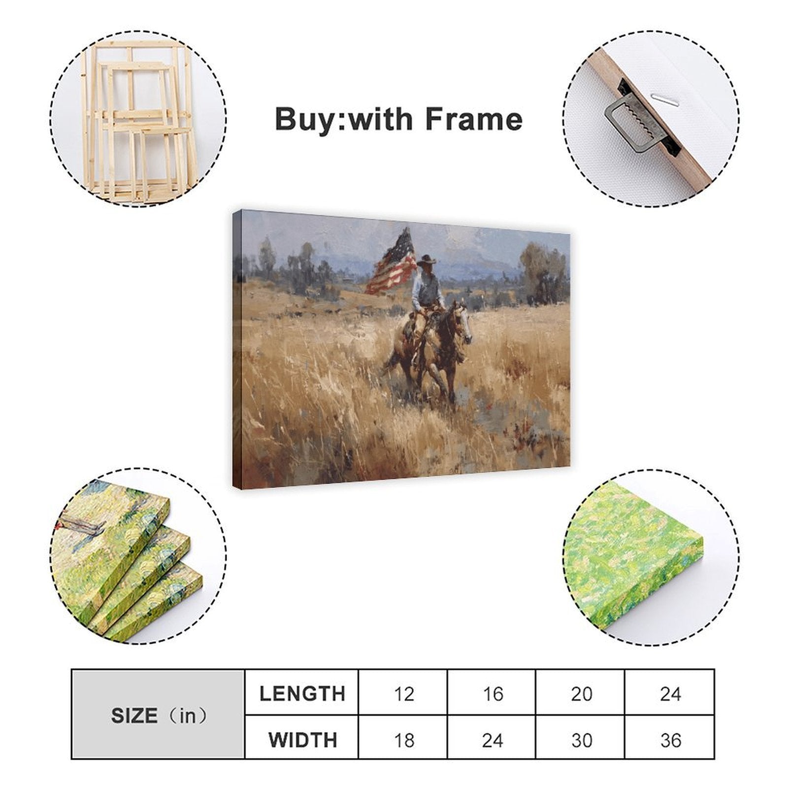 cowboy rider on horseback carrying an American flag in western landscape art style — Wrapped Canvas SIZE_GUIDE
