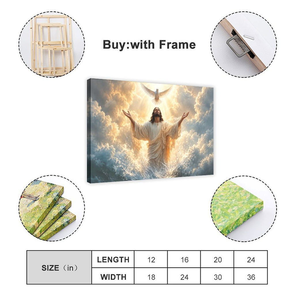 Robed sacred figure with raised arms beneath a white dove in golden clouds and light — Wrapped Canvas SIZE_GUIDE