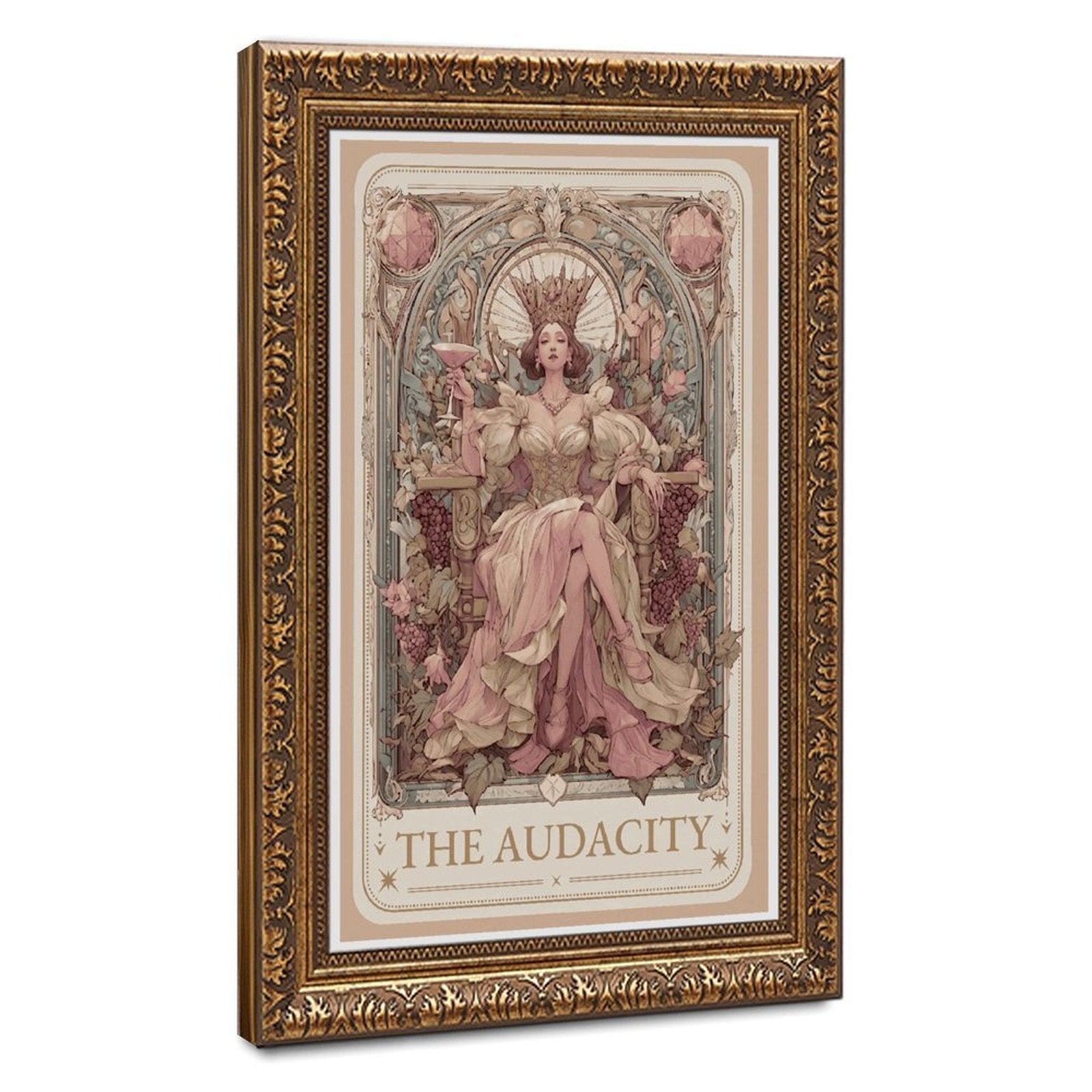 ornate crowned woman seated on a throne in art nouveau-inspired illustration style — Vintage Gold Frame HERO