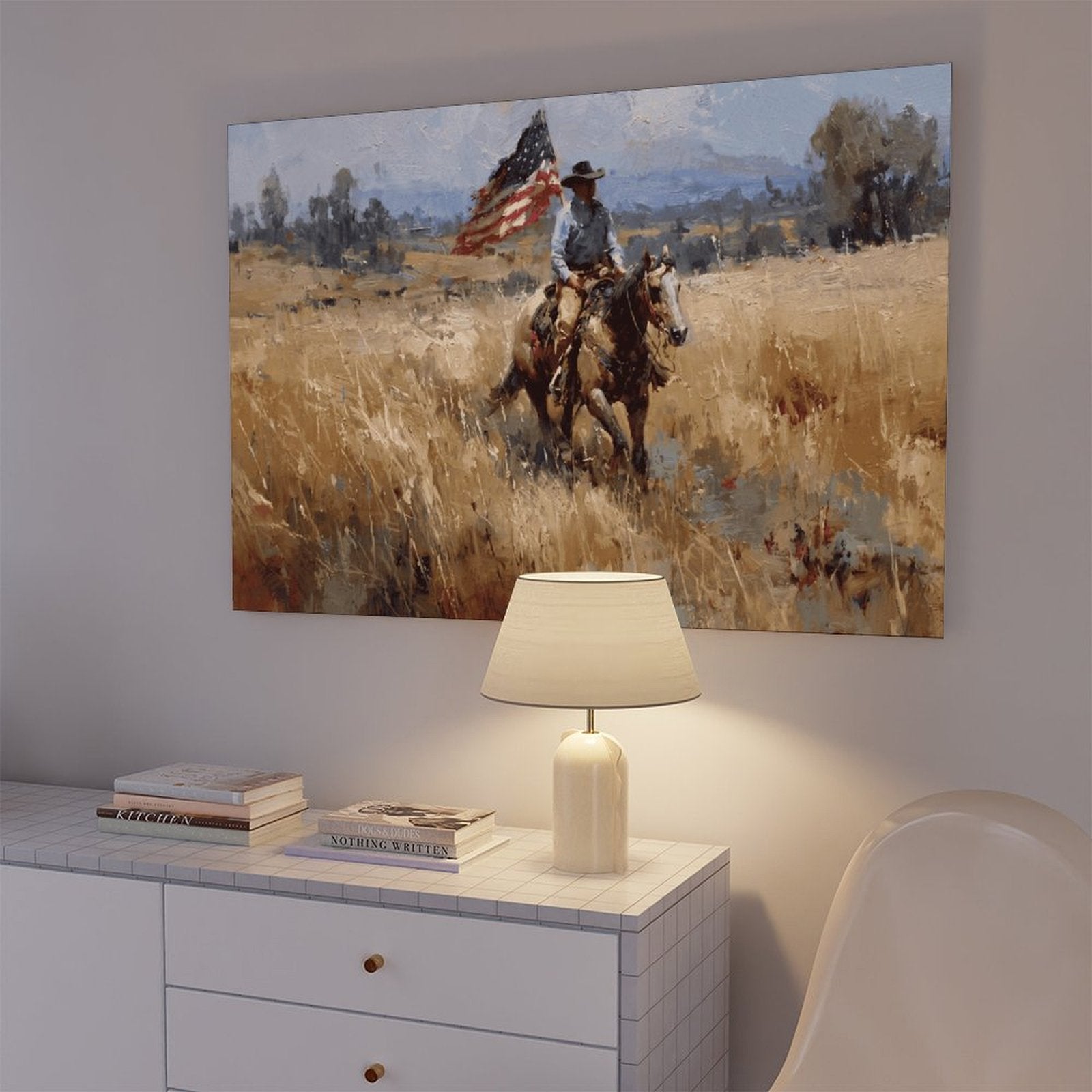 cowboy rider on horseback carrying an American flag in western landscape art style — Wrapped Canvas SCENE_05