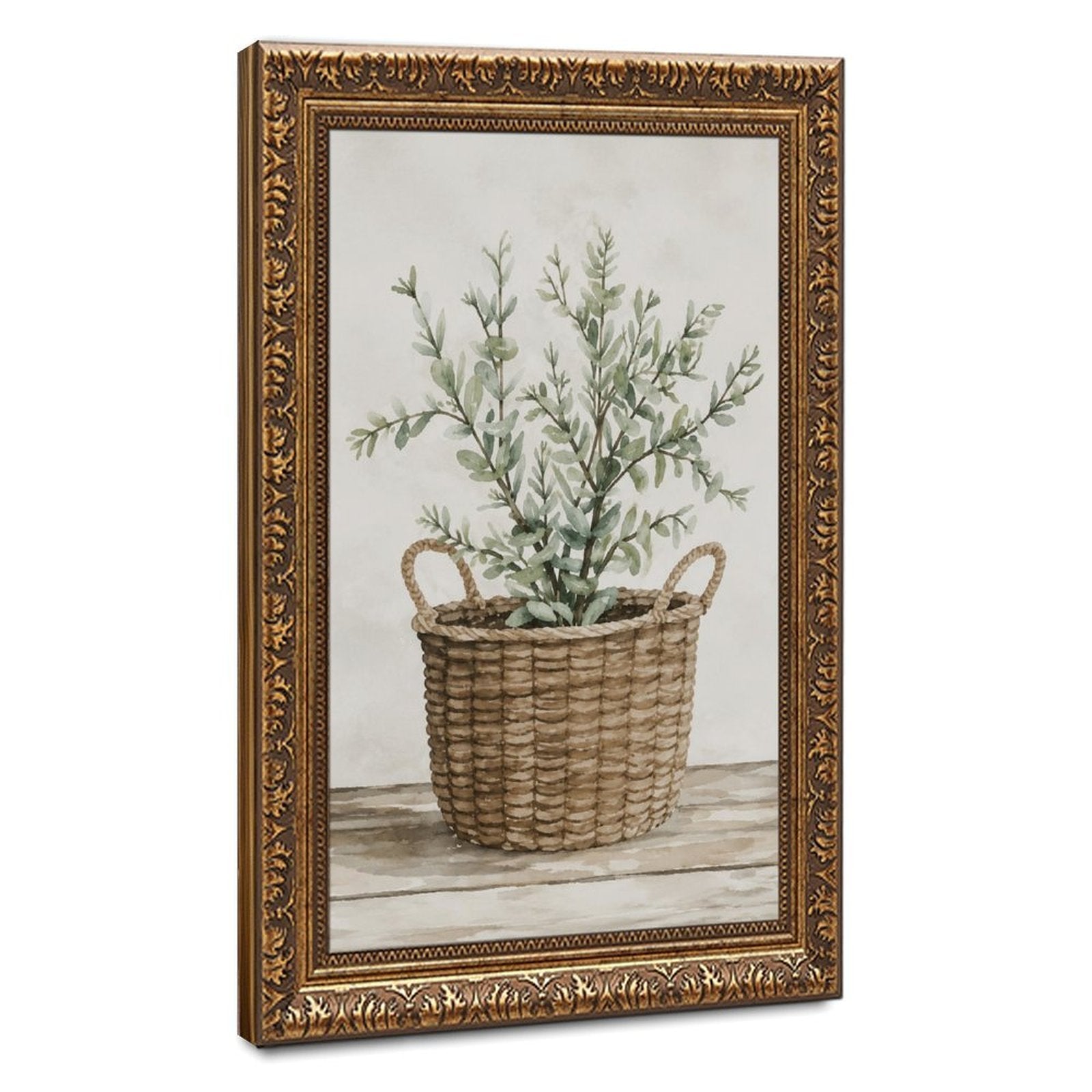 woven basket with silvery green leafy branches in sage green, warm beige, cream tones — Vintage Gold Frame HERO