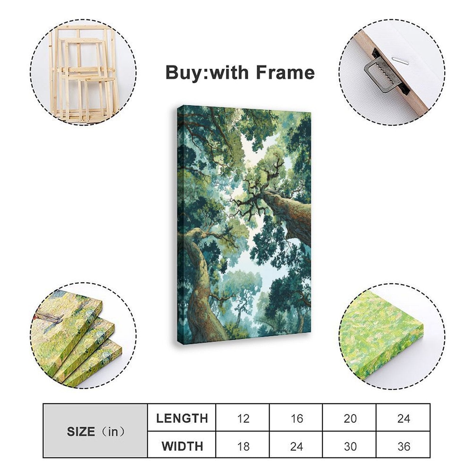 towering forest canopy viewed upward between large trees in deep green, teal, cream tones — Wrapped Canvas SIZE_GUIDE