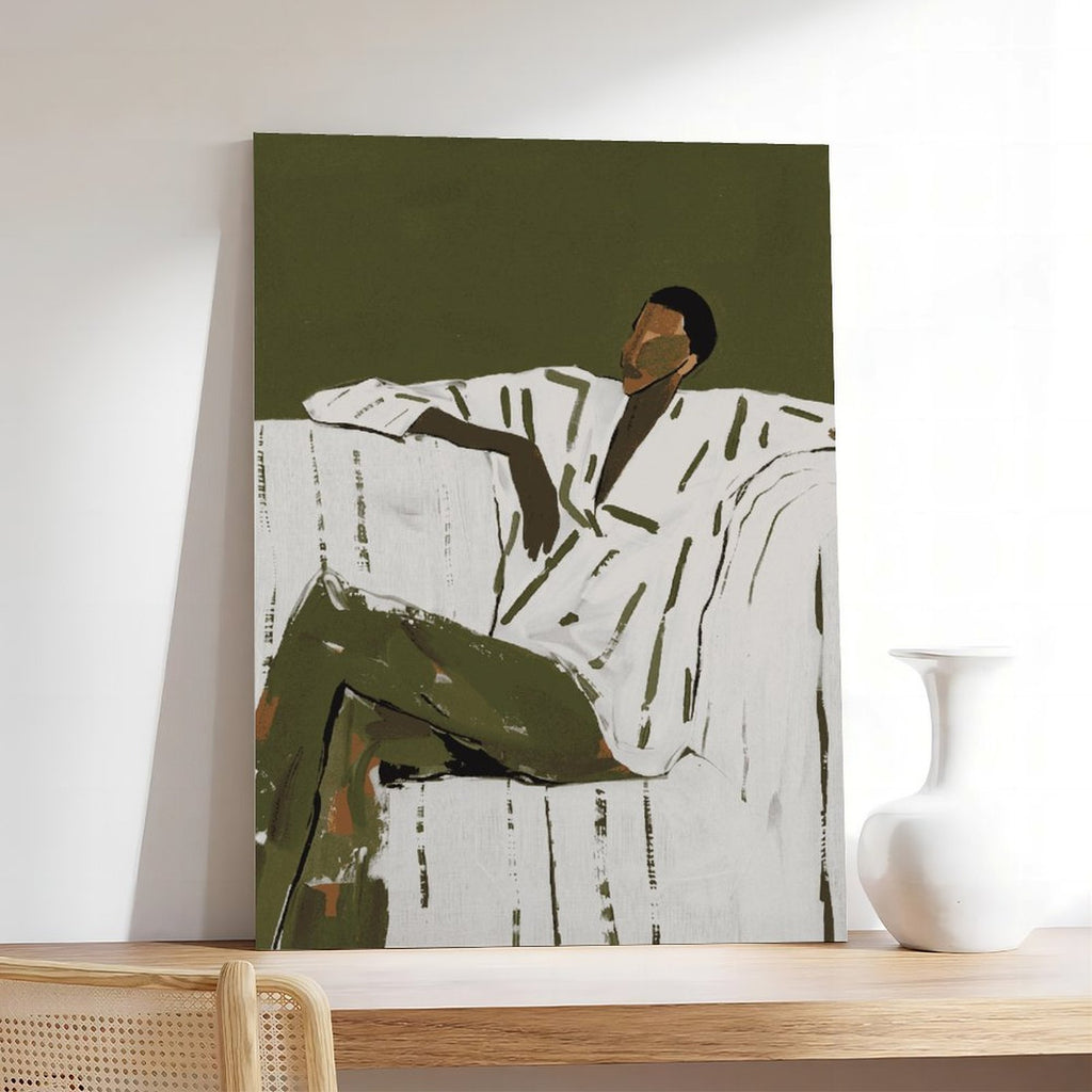 seated man in a white shirt and olive trousers in minimalist figurative art style — Wrapped Canvas SCENE_05