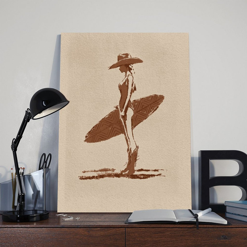 stylized seated woman with oversized botanical leaves in minimalist figurative art style — Wrapped Canvas SCENE_06