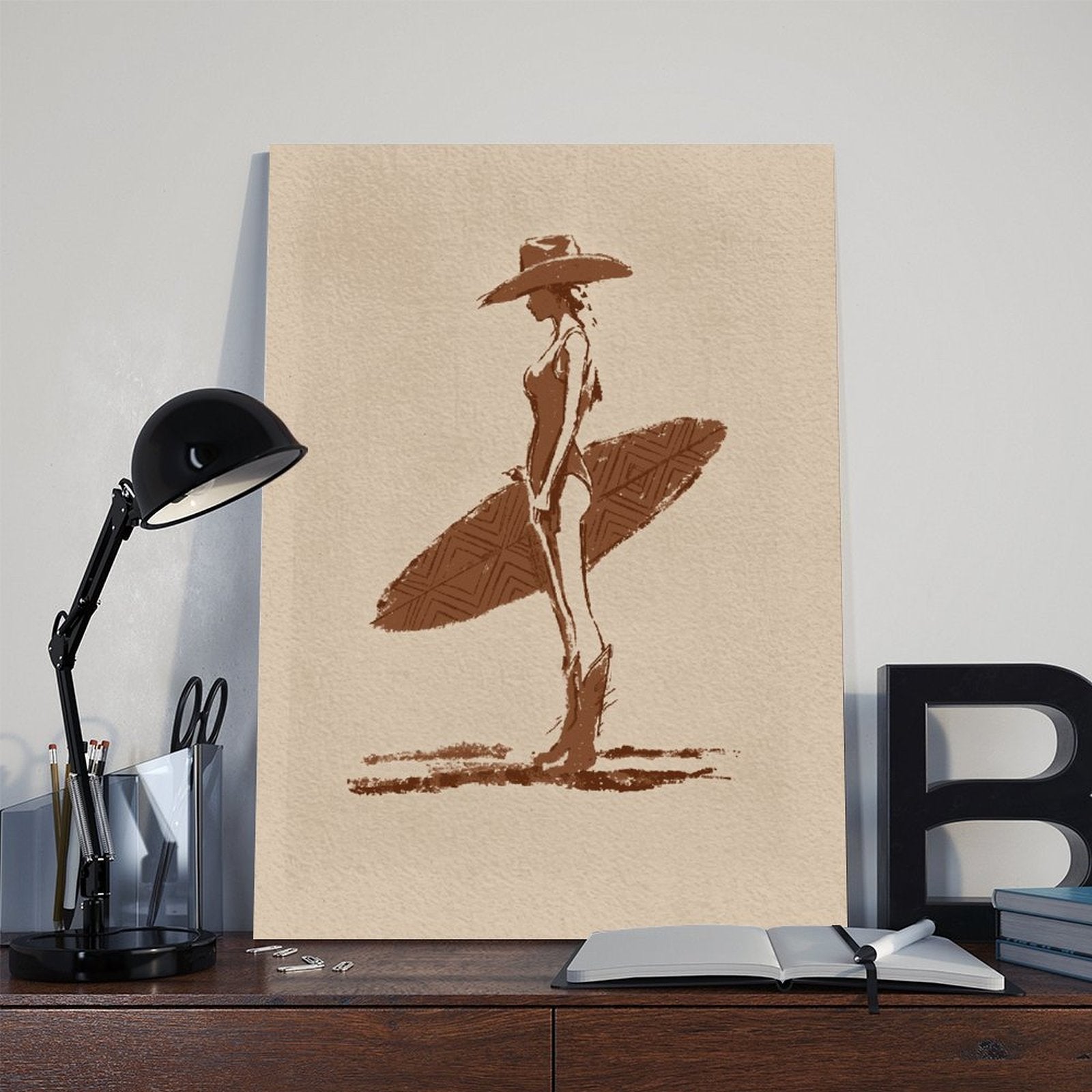 stylized seated woman with oversized botanical leaves in minimalist figurative art style — Wrapped Canvas SCENE_06