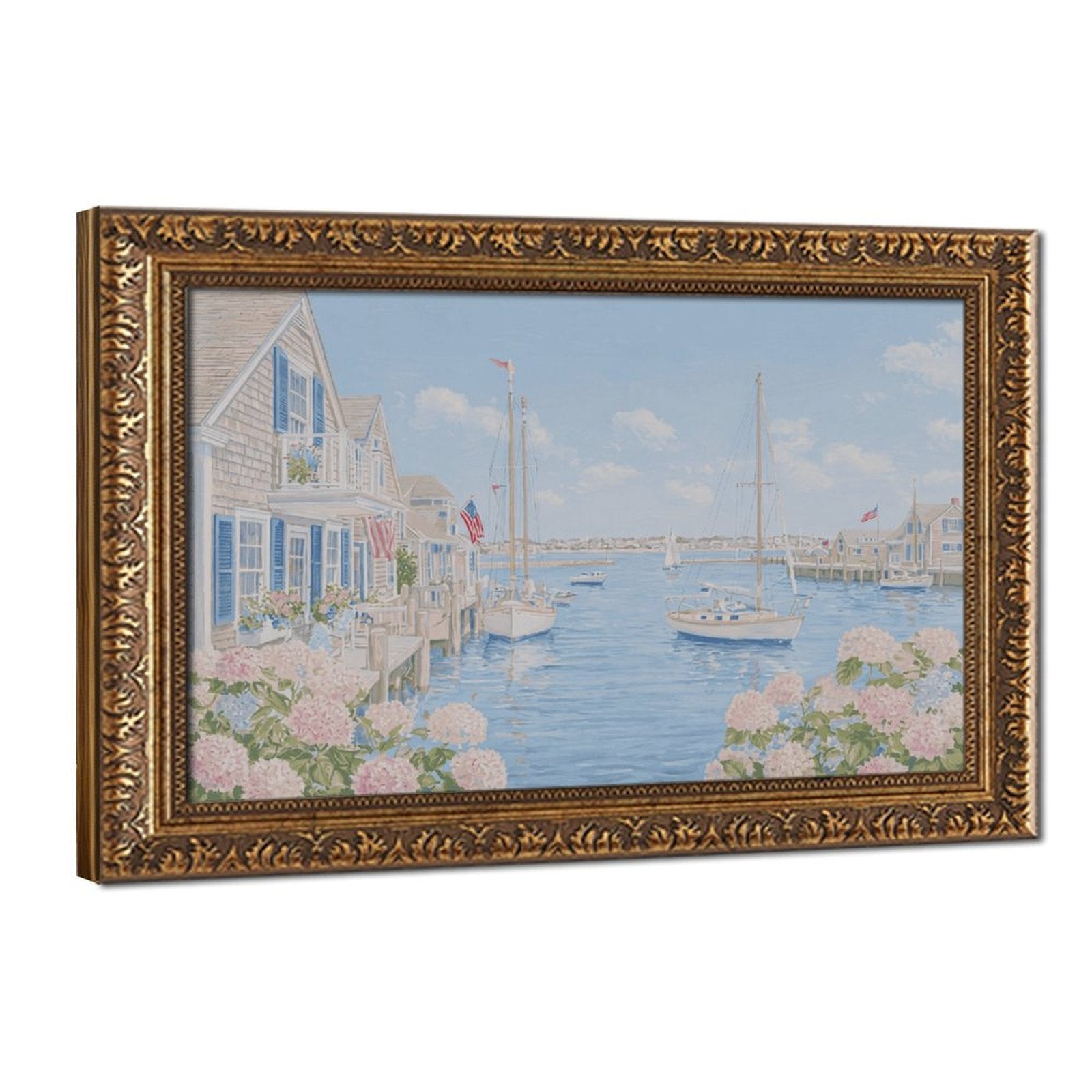 pastel coastal harbor village with boats in coastal landscape painting style — Vintage Gold Frame HERO