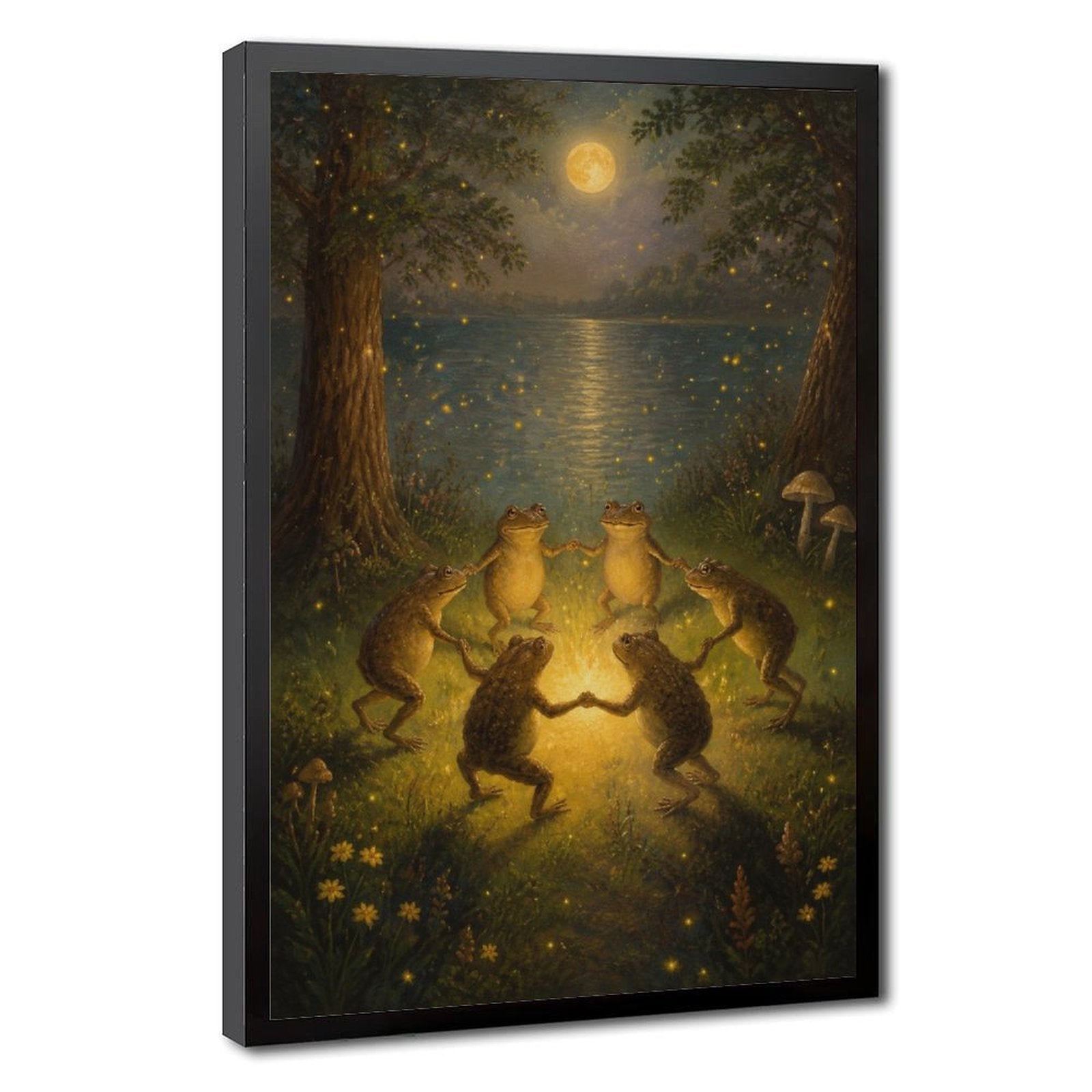 four frogs dancing around a glowing light by a moonlit pond in deep green, golden yellow, moonlit blue tones — Black Frame HERO