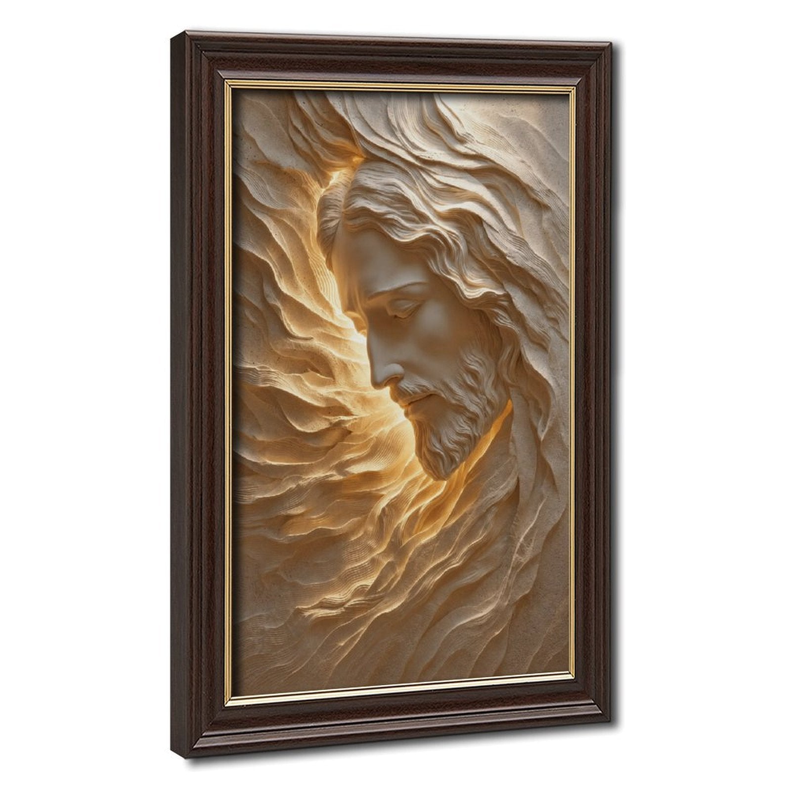serene bearded sacred figure emerging from flowing stone-like forms in cream, sand, warm gold tones — Wood Grain Gold Frame HERO
