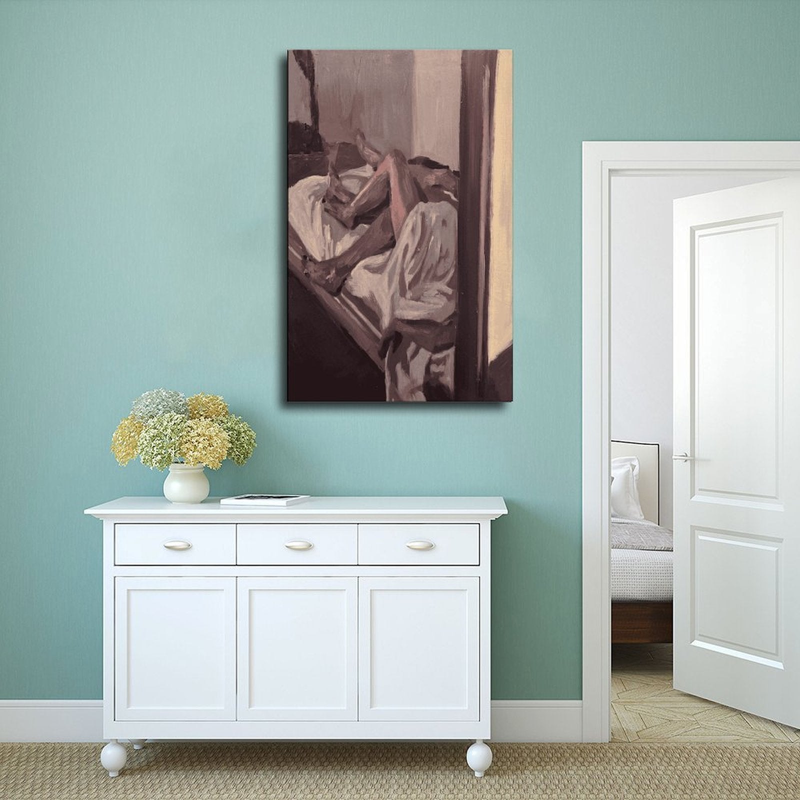 abstract seated figure in muted brown tones in abstract figurative art style — Wrapped Canvas SCENE_02