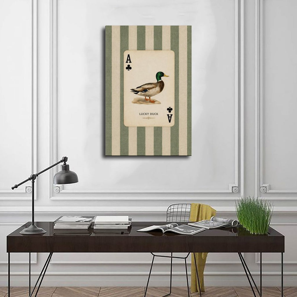 mallard duck illustrated as an ace playing card in sage green, cream, black tones — Wrapped Canvas SCENE_01