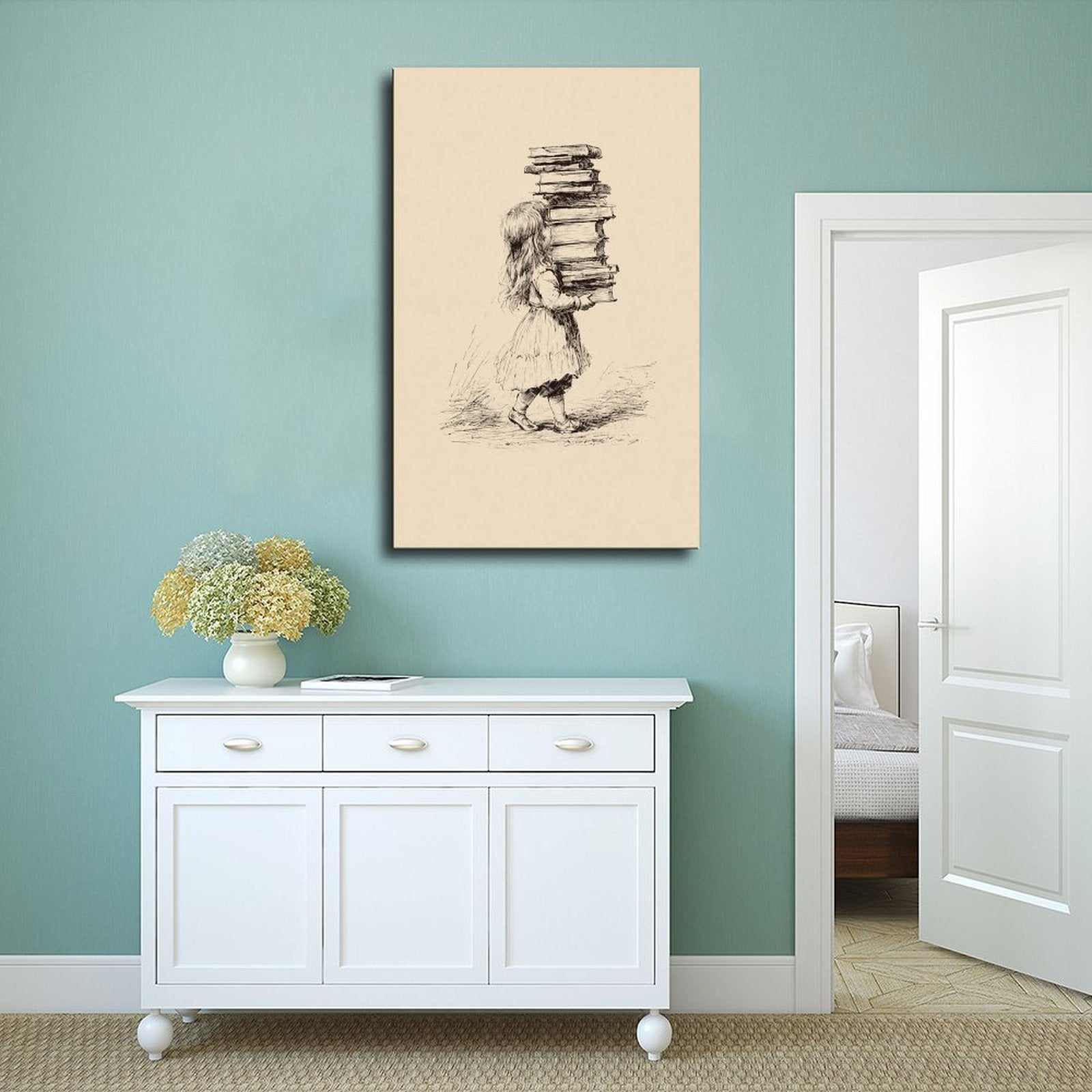 small figure carrying a tall stack of books in black, warm cream tones — Wrapped Canvas SCENE_02
