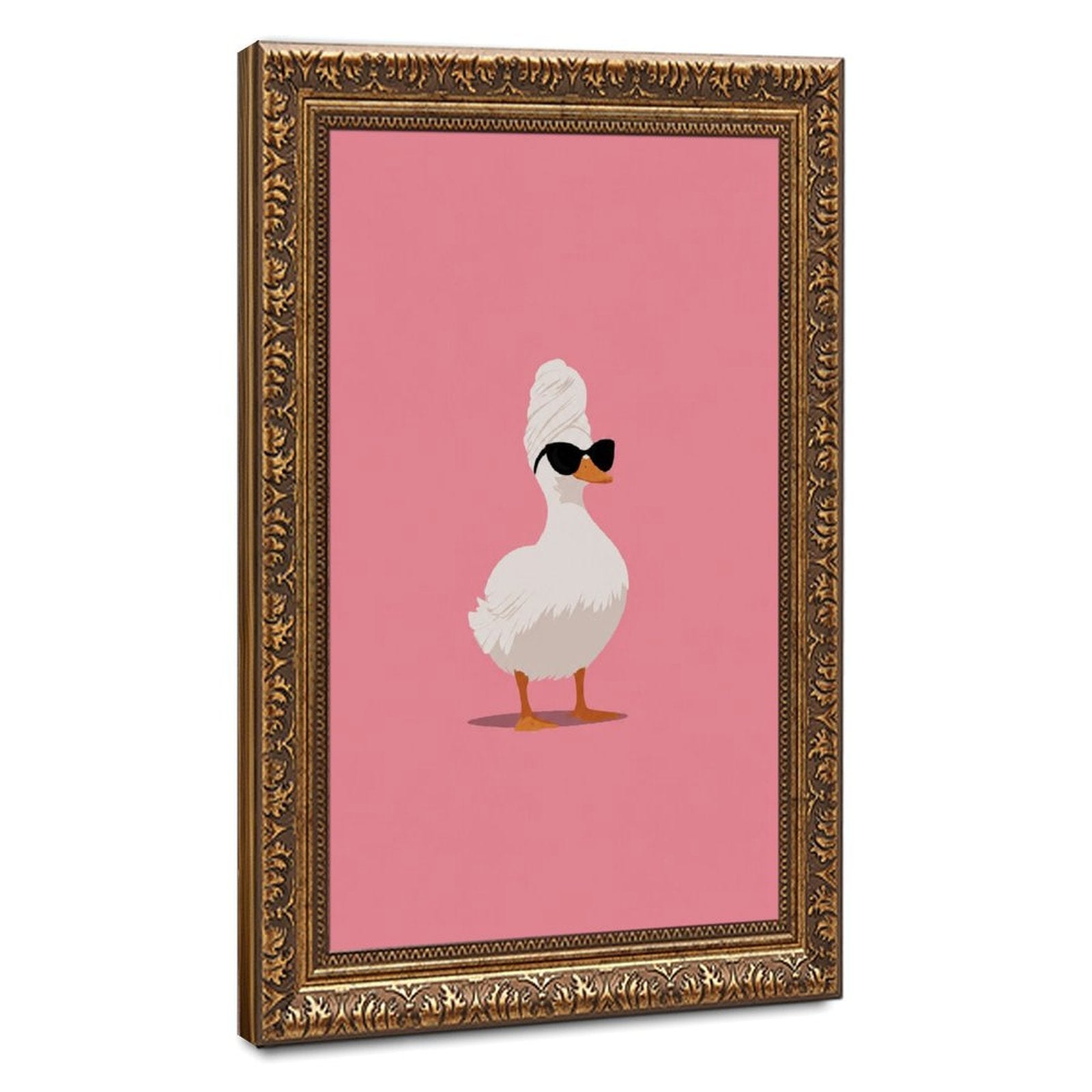 white duck wearing a towel turban and black sunglasses in pink, white, black tones — Vintage Gold Frame HERO
