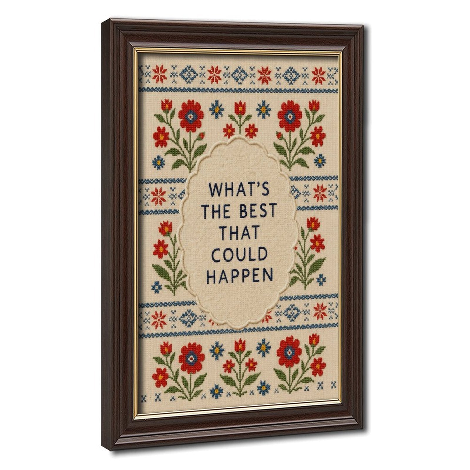 floral folk-art border around optimistic typography in red, blue, green tones — Wood Grain Gold Frame HERO