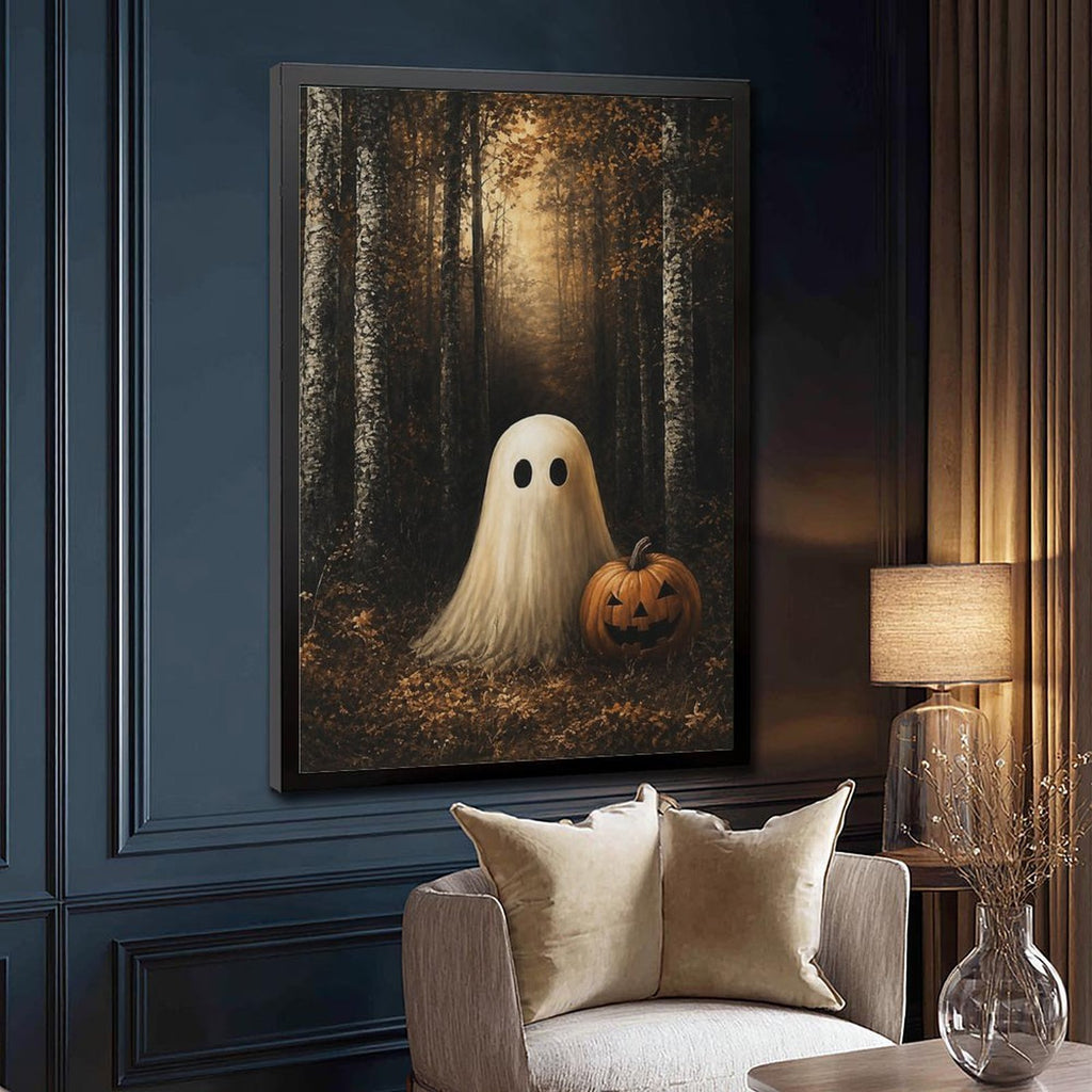 sheet ghost beside a carved pumpkin in an autumn forest in black, amber, cream tones — Black Frame SIDE_DETAIL