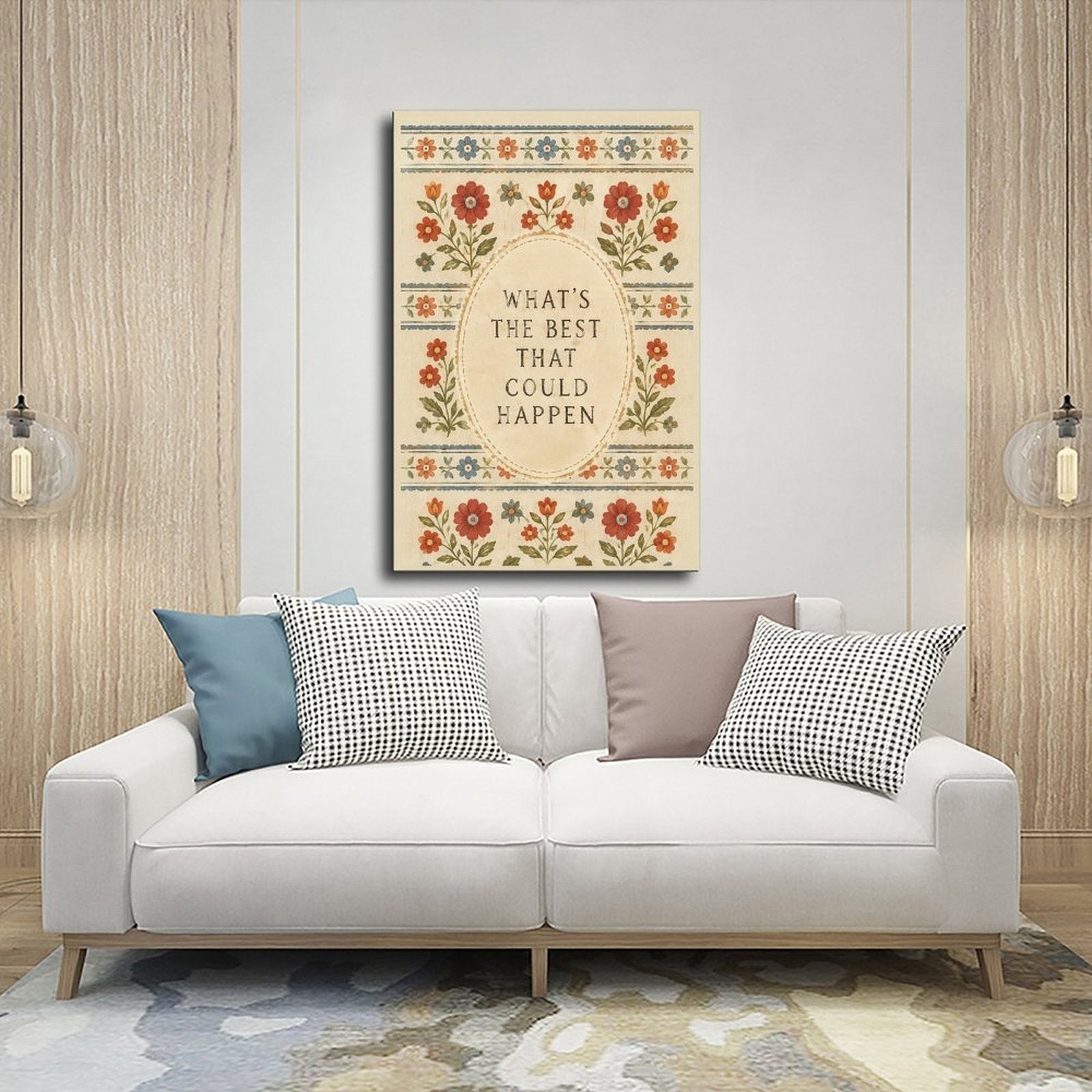 muted floral folk-art border around optimistic typography in rust, dusty blue, olive green tones — Wrapped Canvas SCENE_03