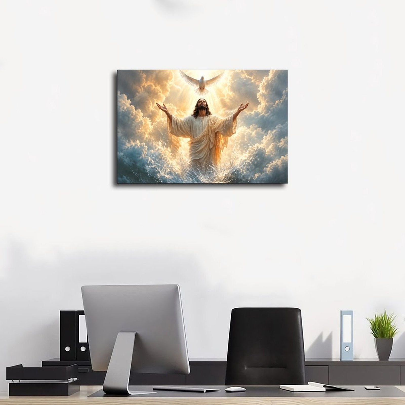 Robed sacred figure with raised arms beneath a white dove in golden clouds and light — Wrapped Canvas SCENE_01