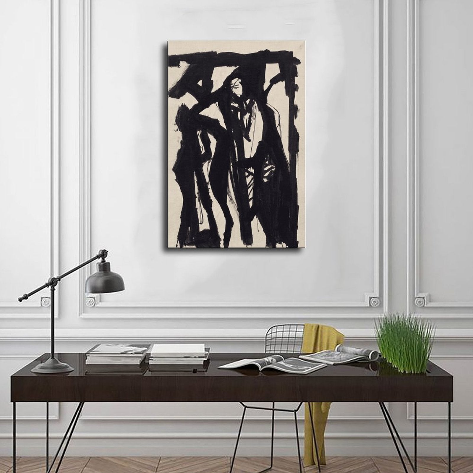 expressive black gestural human figures in gestural abstraction style — Wrapped Canvas SCENE_01